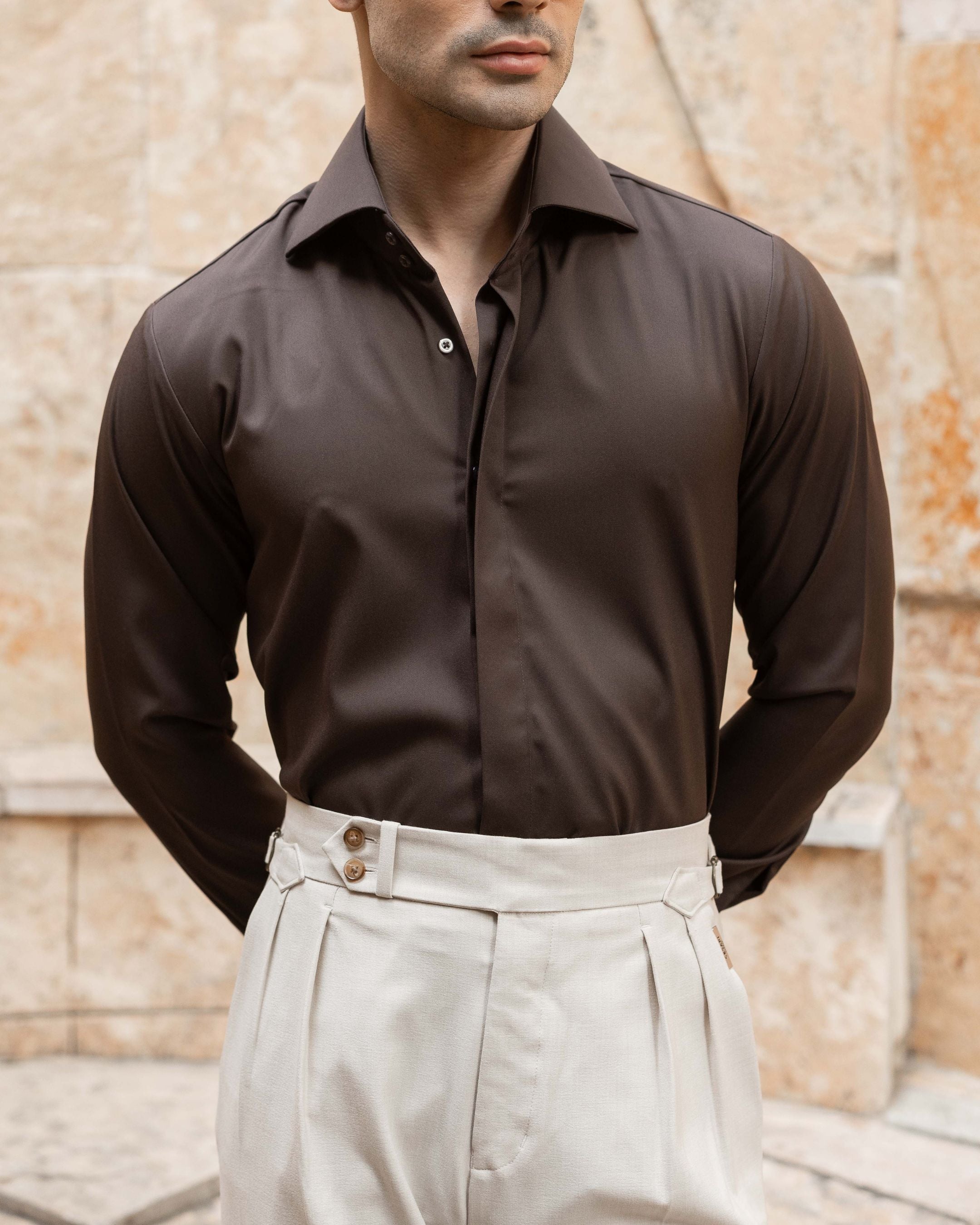 Mocha Brown High Stand 2-Buttons Cut-away Collar shirt