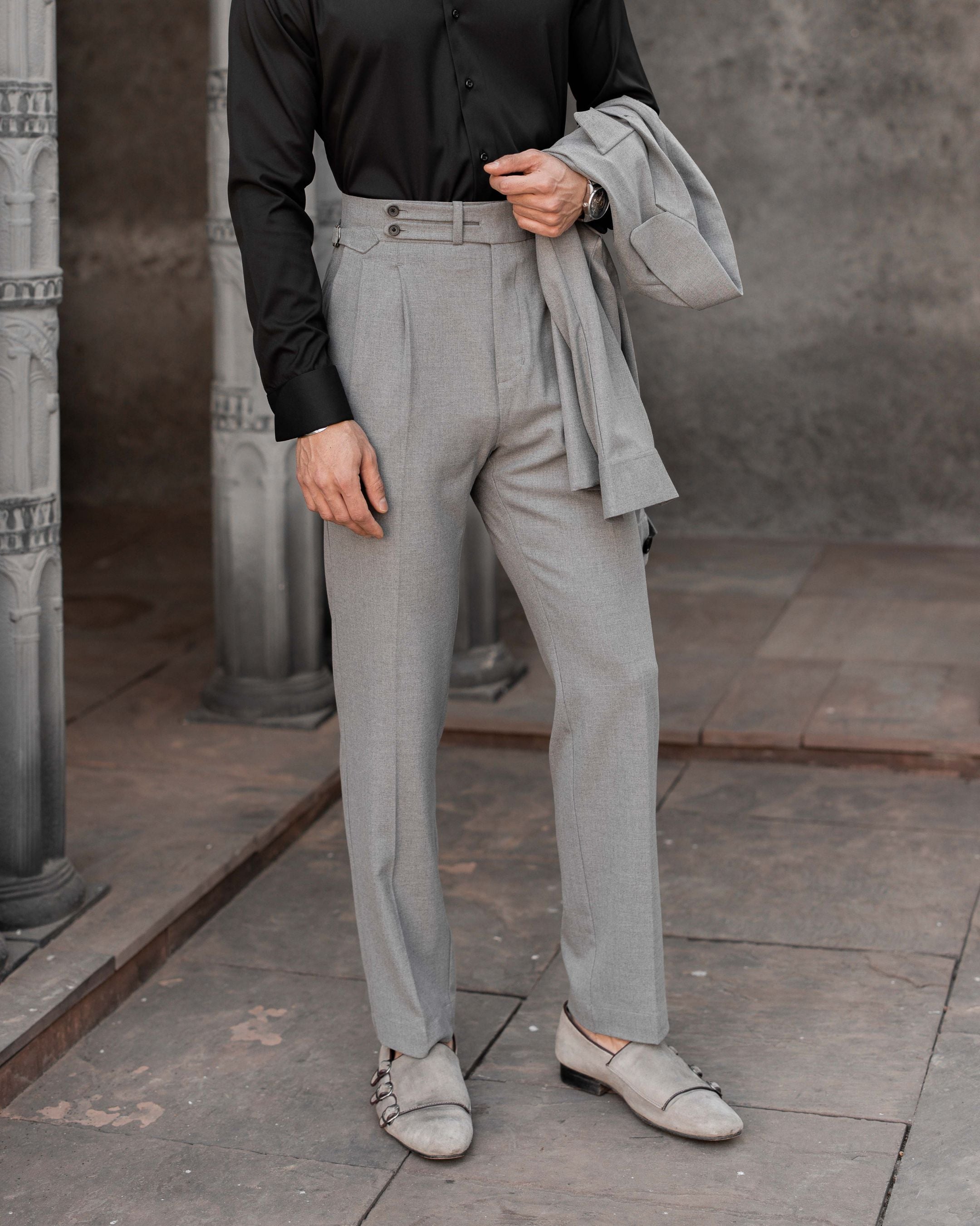 Melange Grey Double Tab Gurkha Trousers (Fit 201 : Tailored Straight - High Rise)