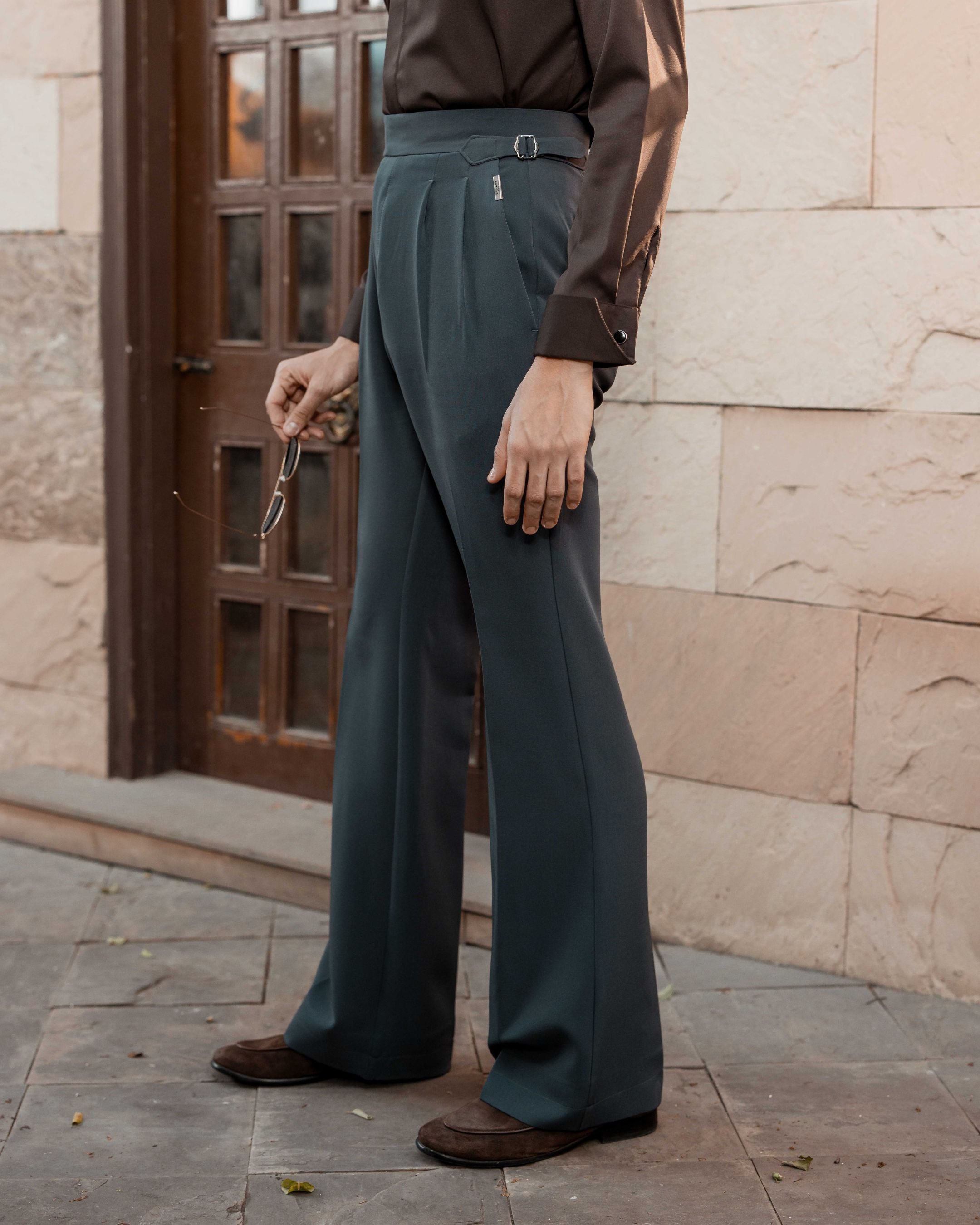Ash Grey Flared Cut Double Pleated Trousers (Fit 401 : Flared Cut - High Rise)