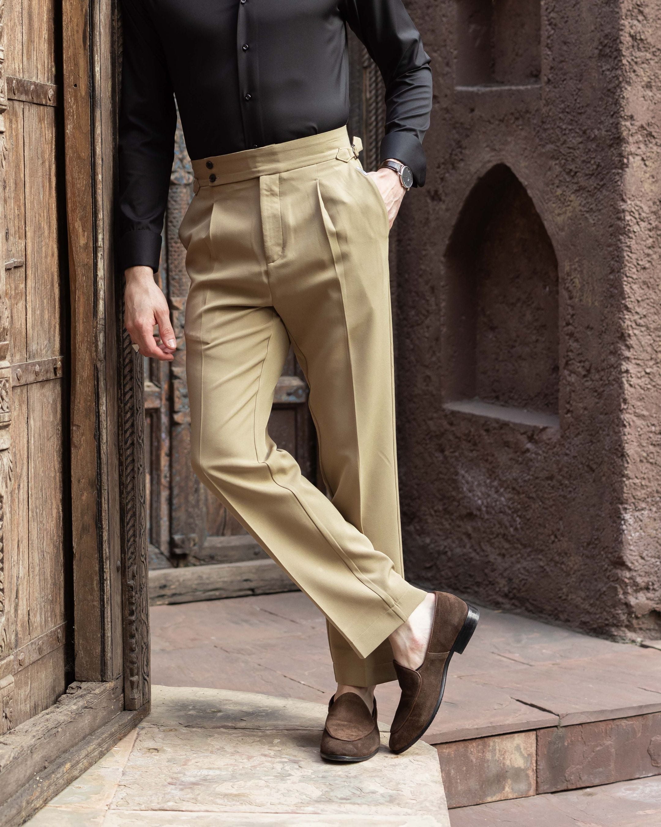 Desert Sand Single Pleated Gurkha Trousers (Fit 201 : Tailored Straight - High Rise)