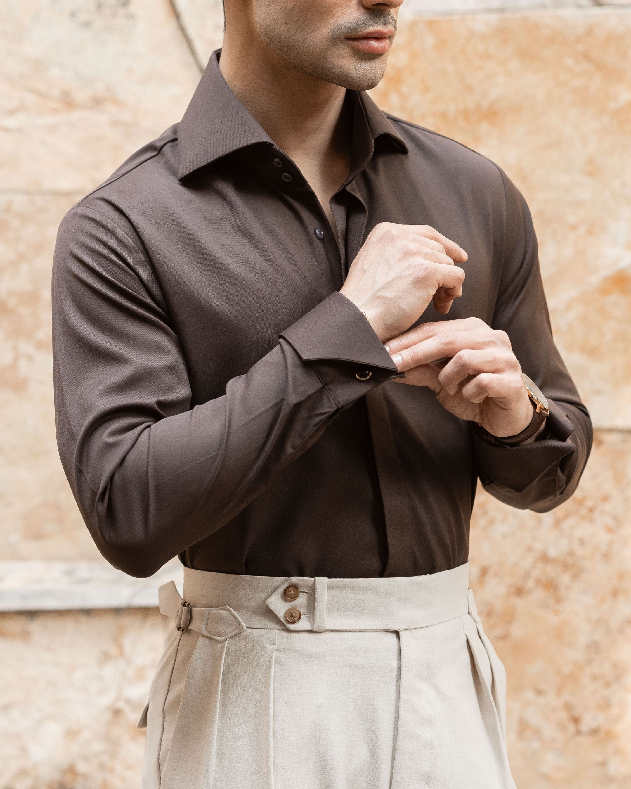 Mocha Brown High Stand 2-Buttons Cut-away Collar shirt