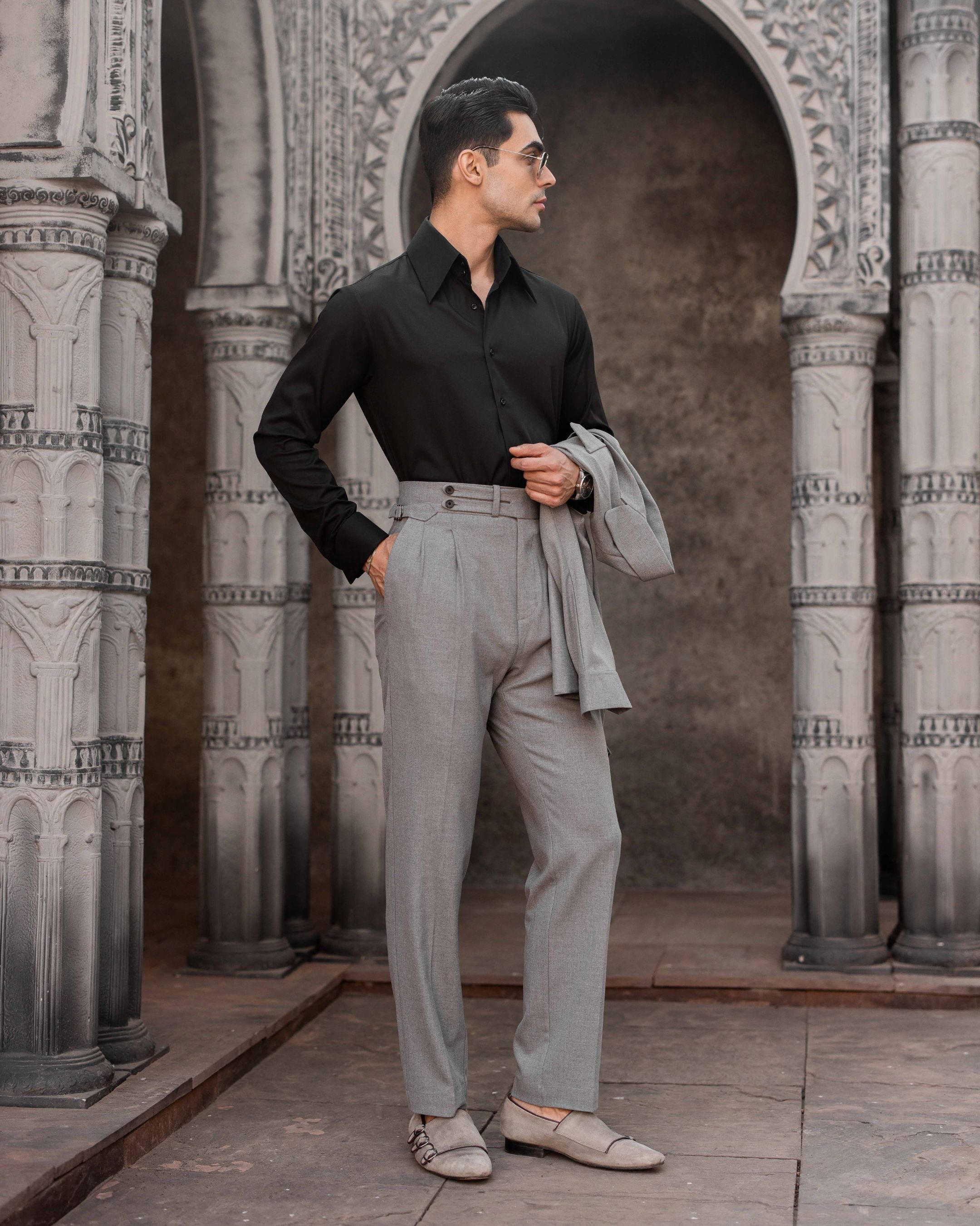 Rich Black High Stand 2-Buttons Point Collar Shirt