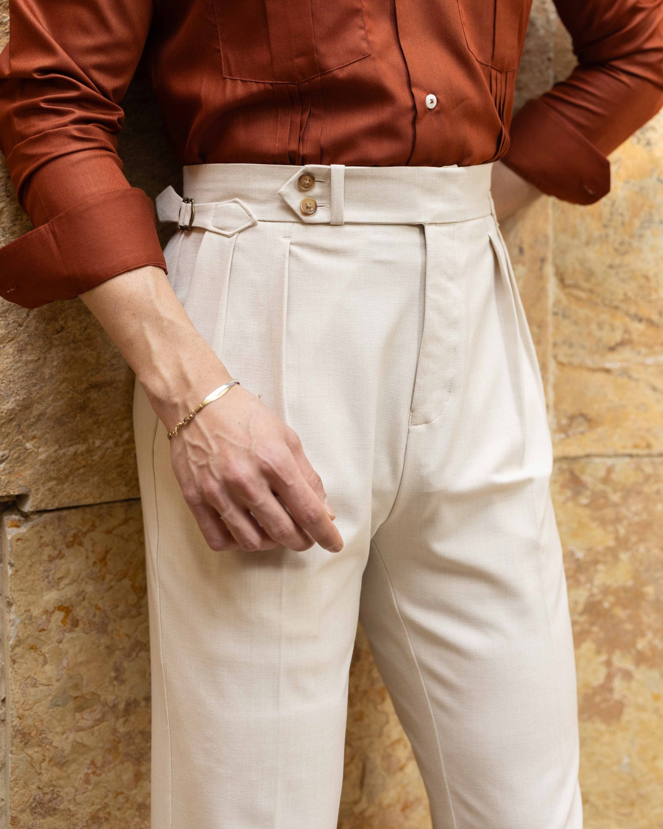 Beige Double Pleated Gurkha Trousers (Fit 201 : Tailored Straight - High Rise)