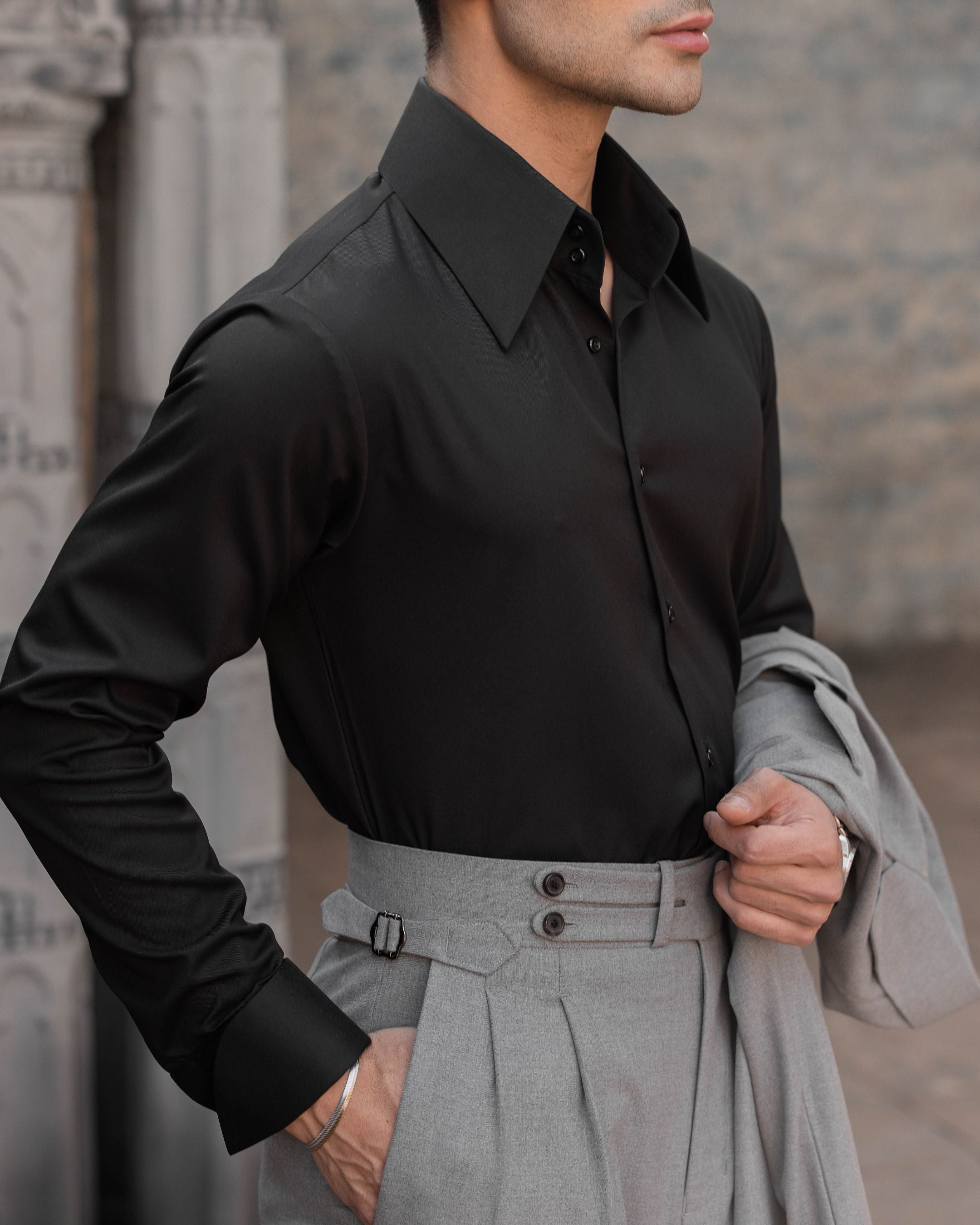 Rich Black High Stand 2-Buttons Point Collar Shirt