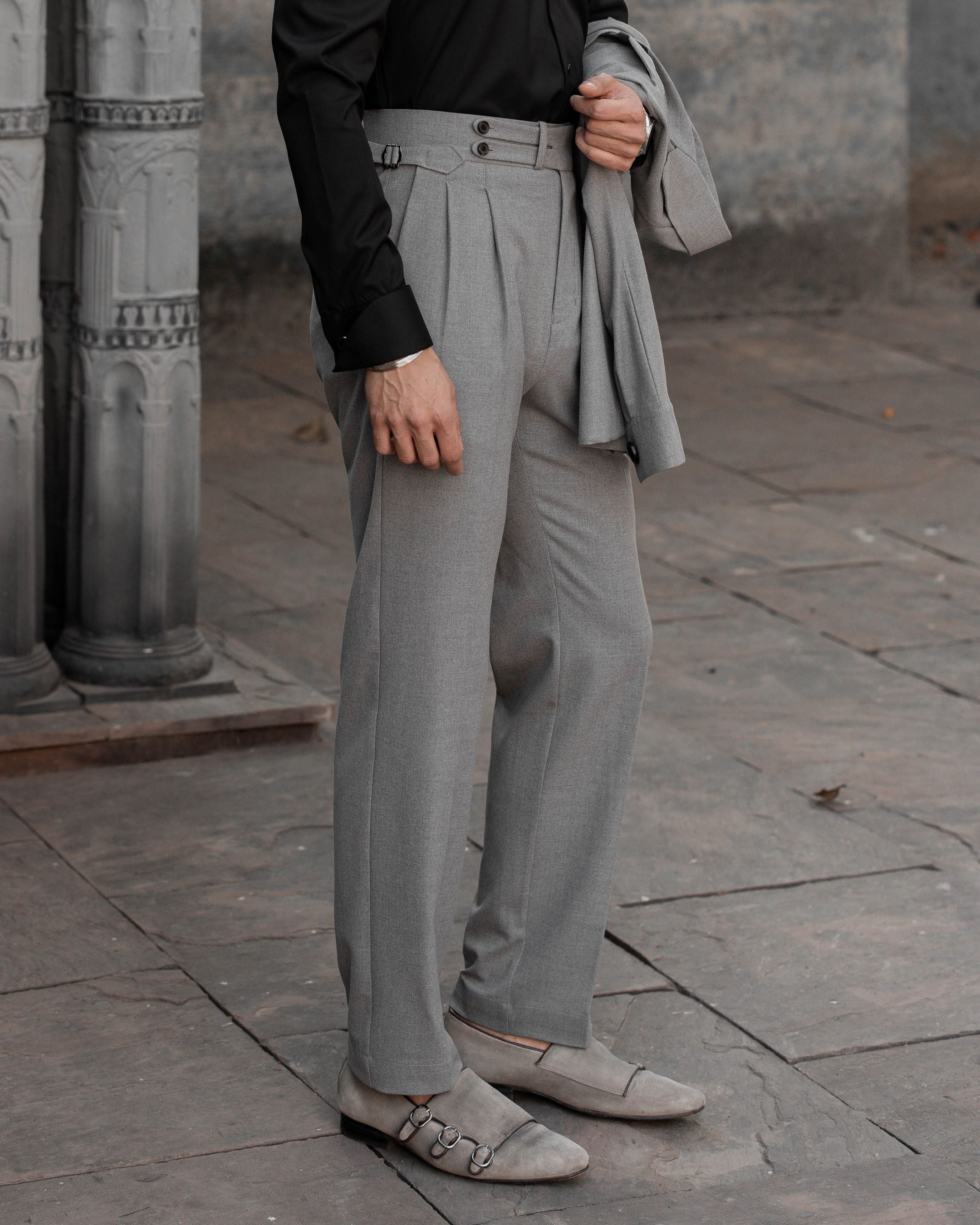 Melange Grey Double Tab Gurkha Trousers (Fit 201 : Tailored Straight - High Rise)