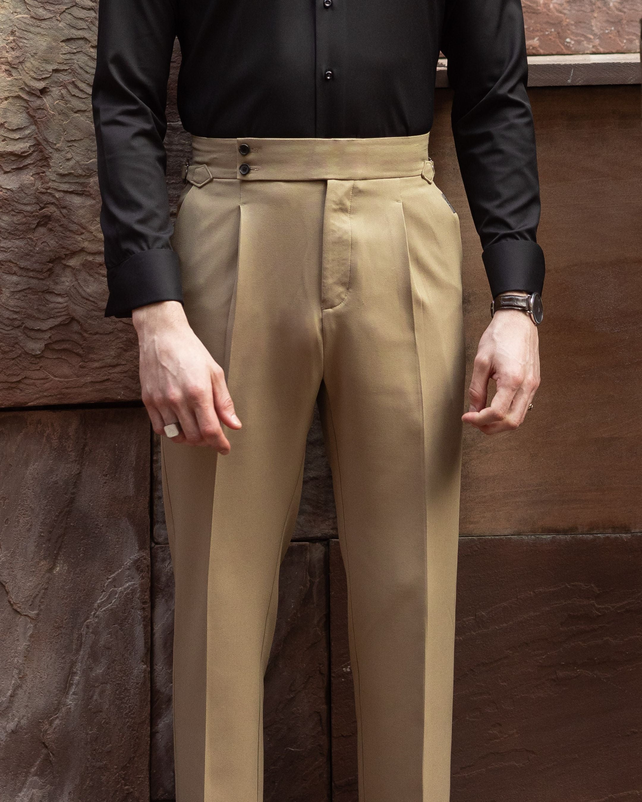 Desert Sand Single Pleated Gurkha Trousers (Fit 201 : Tailored Straight - High Rise)