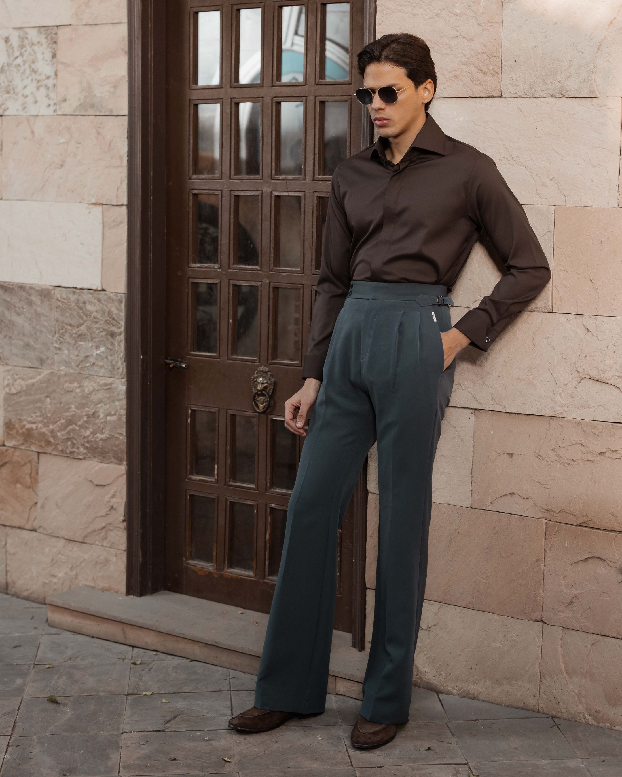 Ash Grey Flared Cut Double Pleated Trousers (Fit 401 : Flared Cut - High Rise)