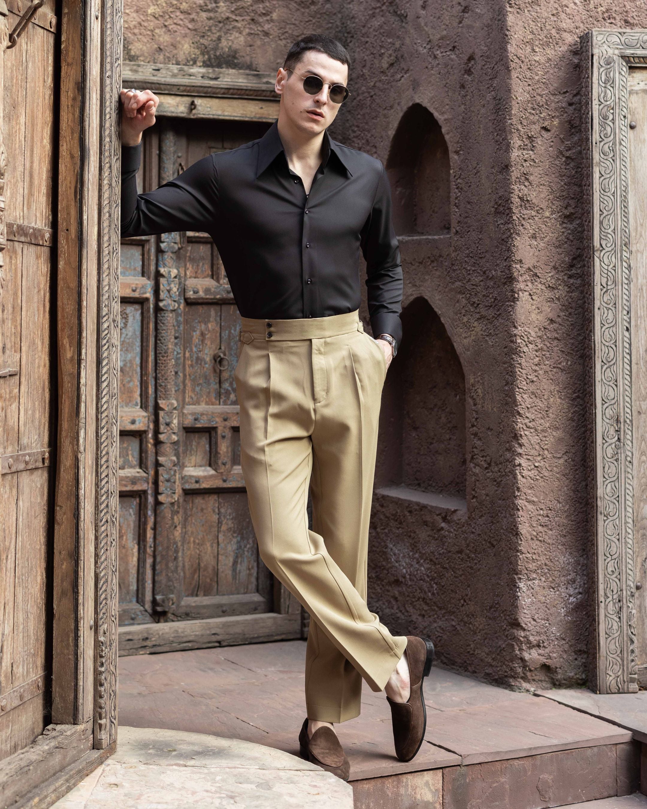 Desert Sand Single Pleated Gurkha Trousers (Fit 201 : Tailored Straight - High Rise)