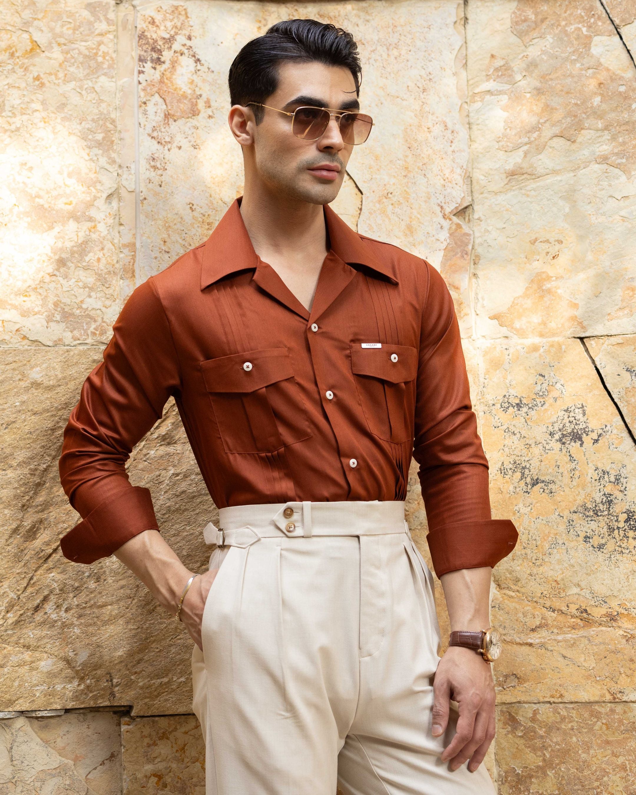 Beige Double Pleated Gurkha Trousers (Fit 201 : Tailored Straight - High Rise)