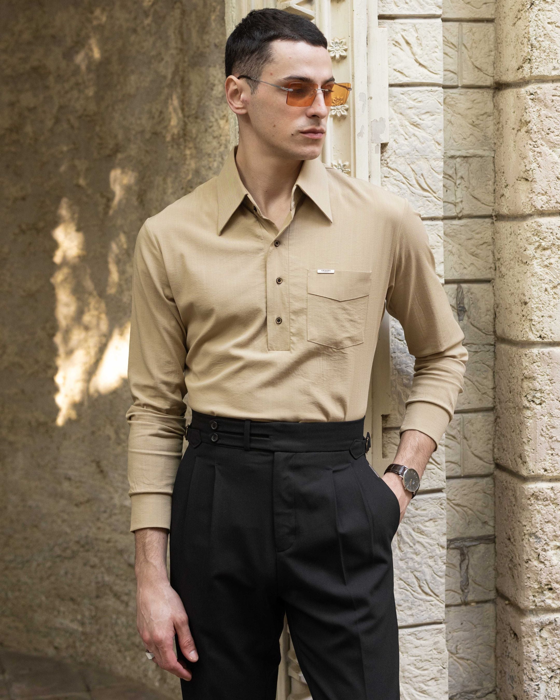 Muted Camel High Collar Polo Shirt (Half/Full Sleeves)