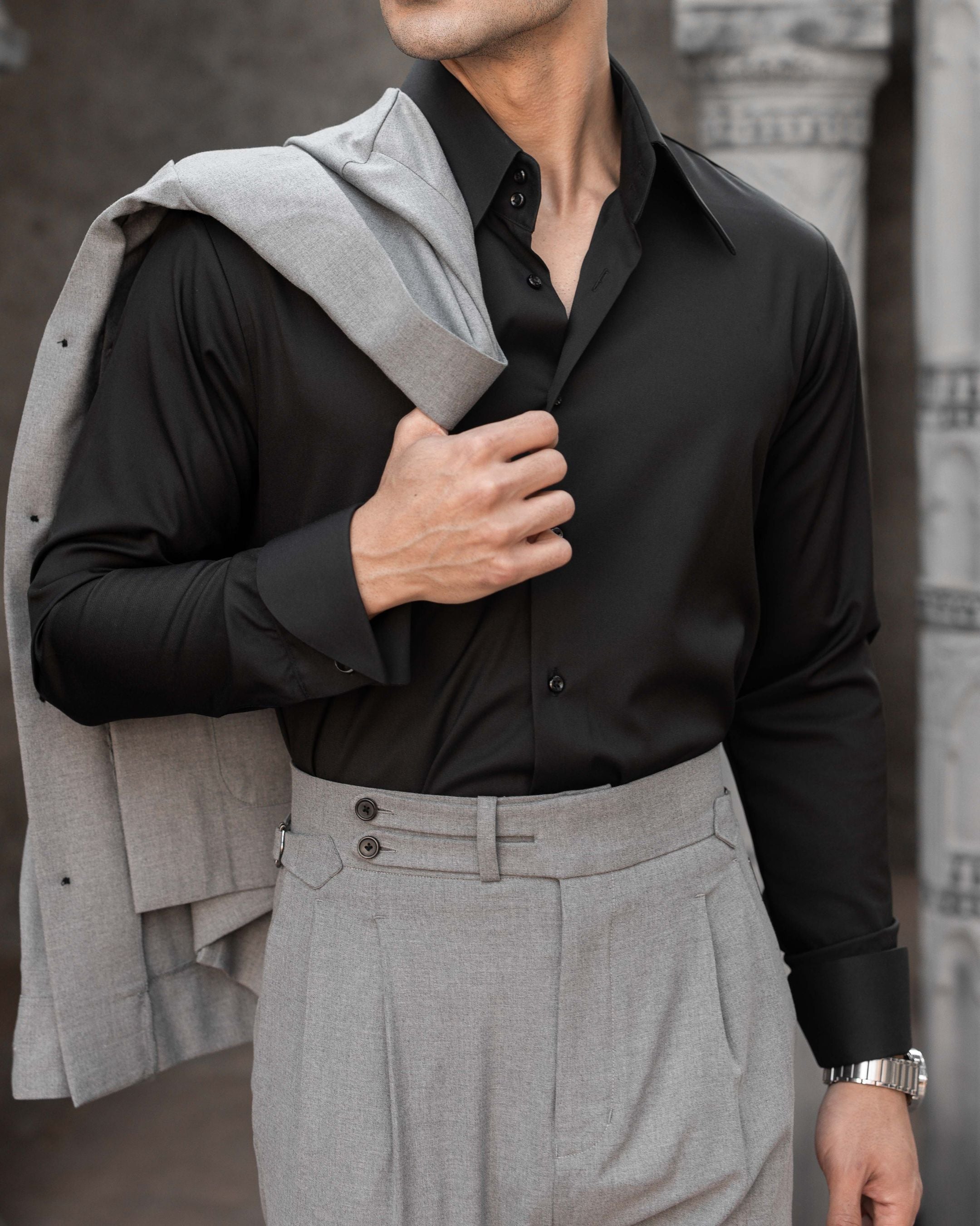 Melange Grey Double Tab Gurkha Trousers (Fit 201 : Tailored Straight - High Rise)