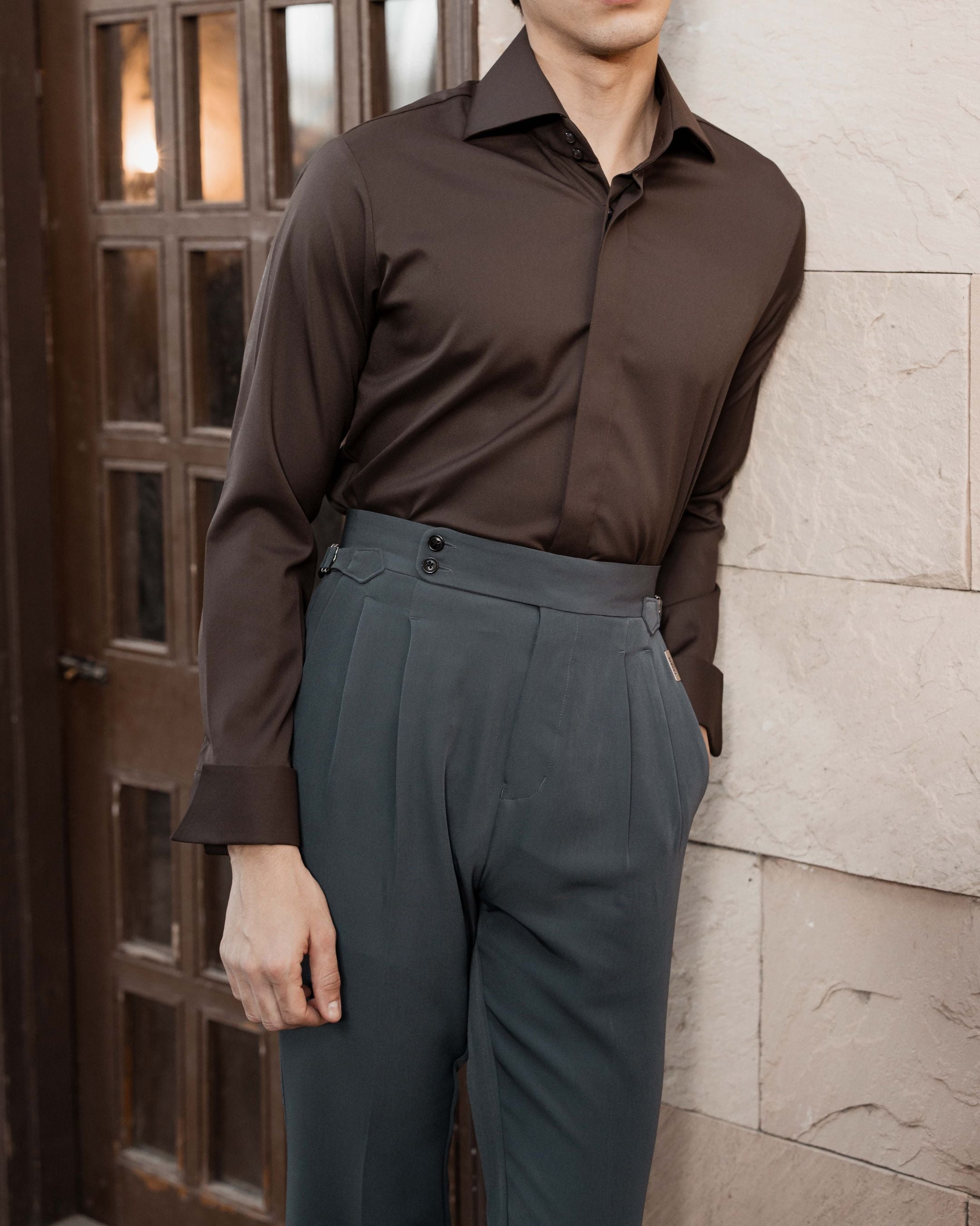 Ash Grey Flared Cut Double Pleated Trousers (Fit 401 : Flared Cut - High Rise)