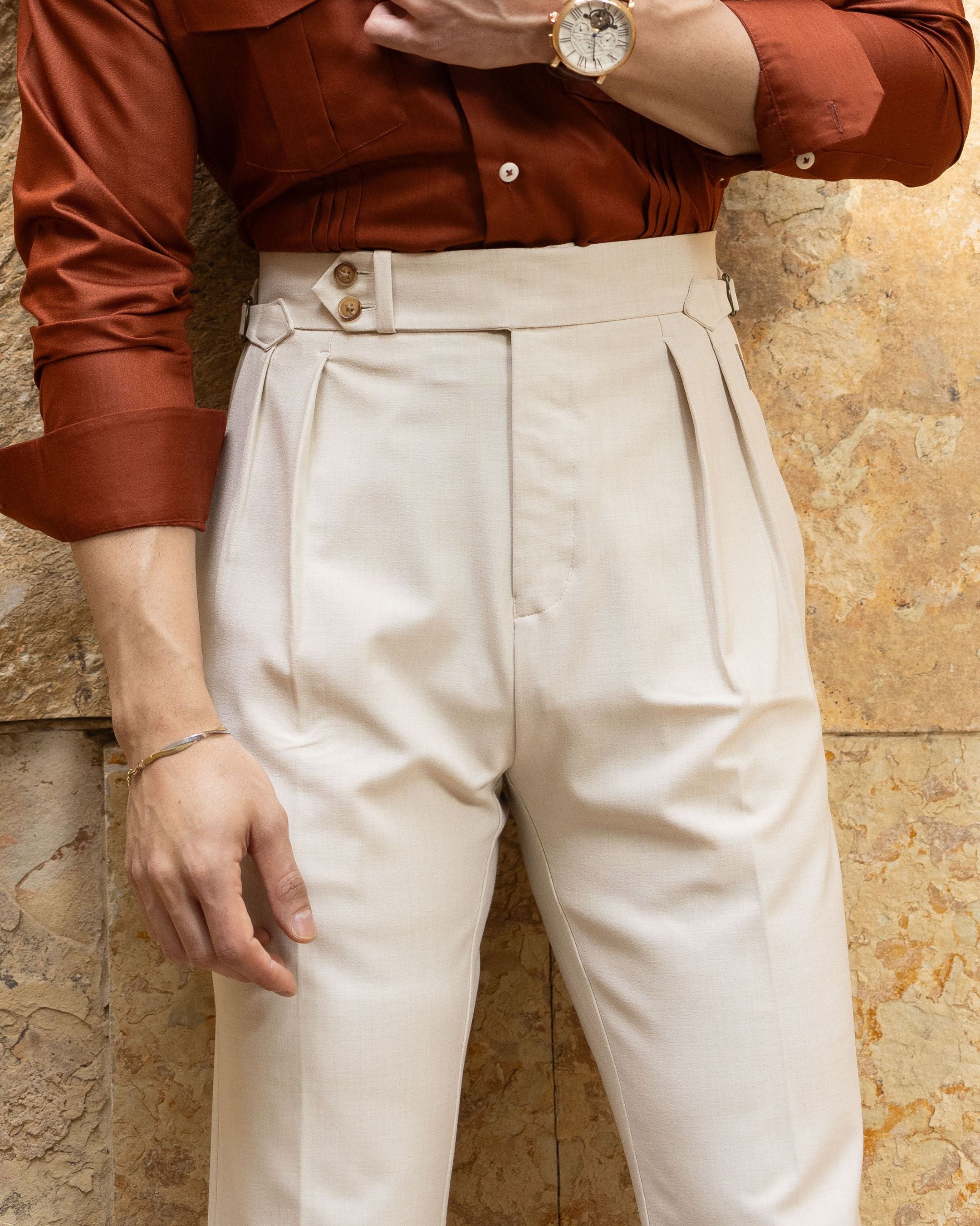 Beige Double Pleated Gurkha Trousers (Fit 201 : Tailored Straight - High Rise)