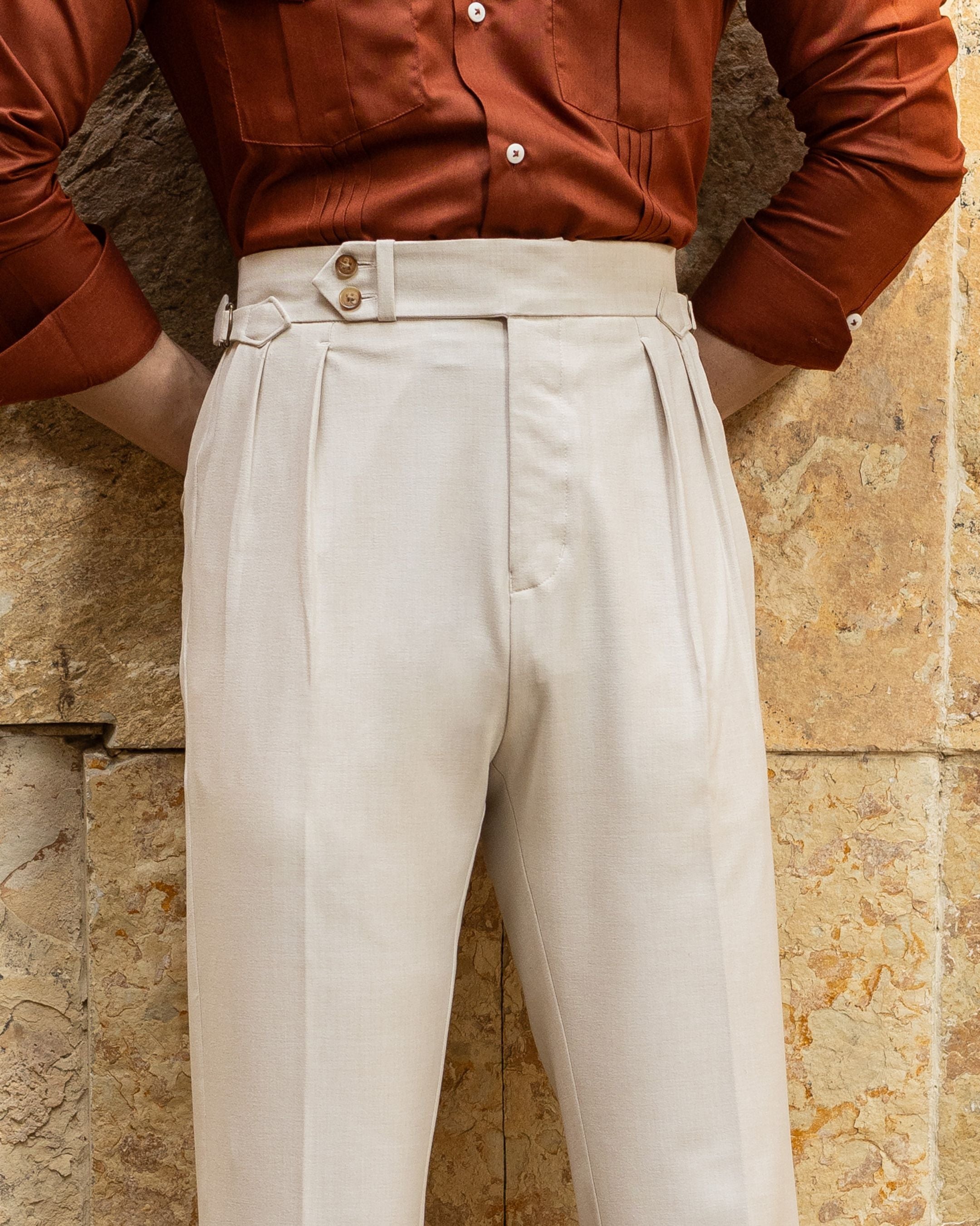 Beige Double Pleated Gurkha Trousers (Fit 201 : Tailored Straight - High Rise)