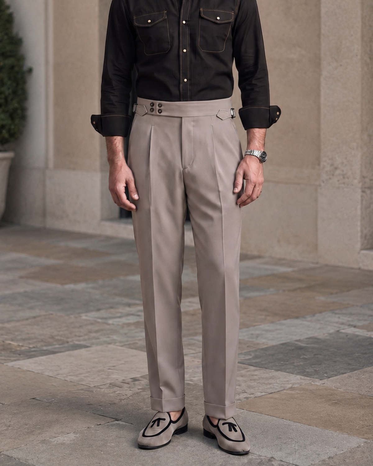 Taupe Grey Single Pleated Gurkha Trousers (Fit 201 : Tailored Straight - Mid Rise)