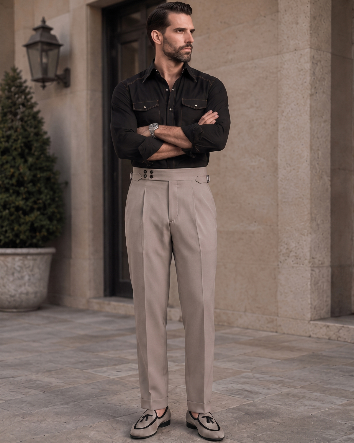 Taupe Grey Single Pleated Gurkha Trousers (Fit 201 : Tailored Straight - Mid Rise)