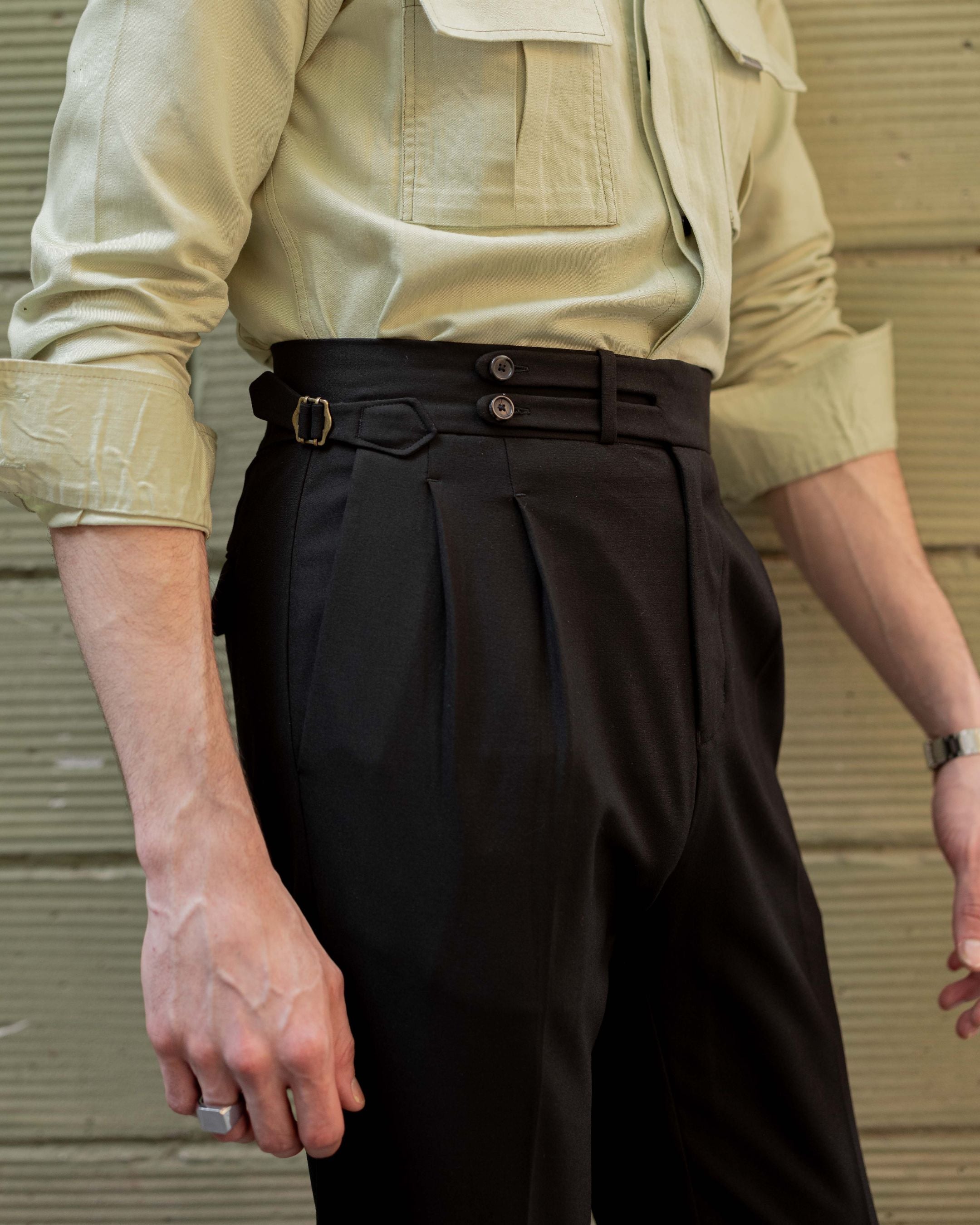 Black Double Tab Gurkha Trousers (Fit 201 : Tailored Straight - High Rise)