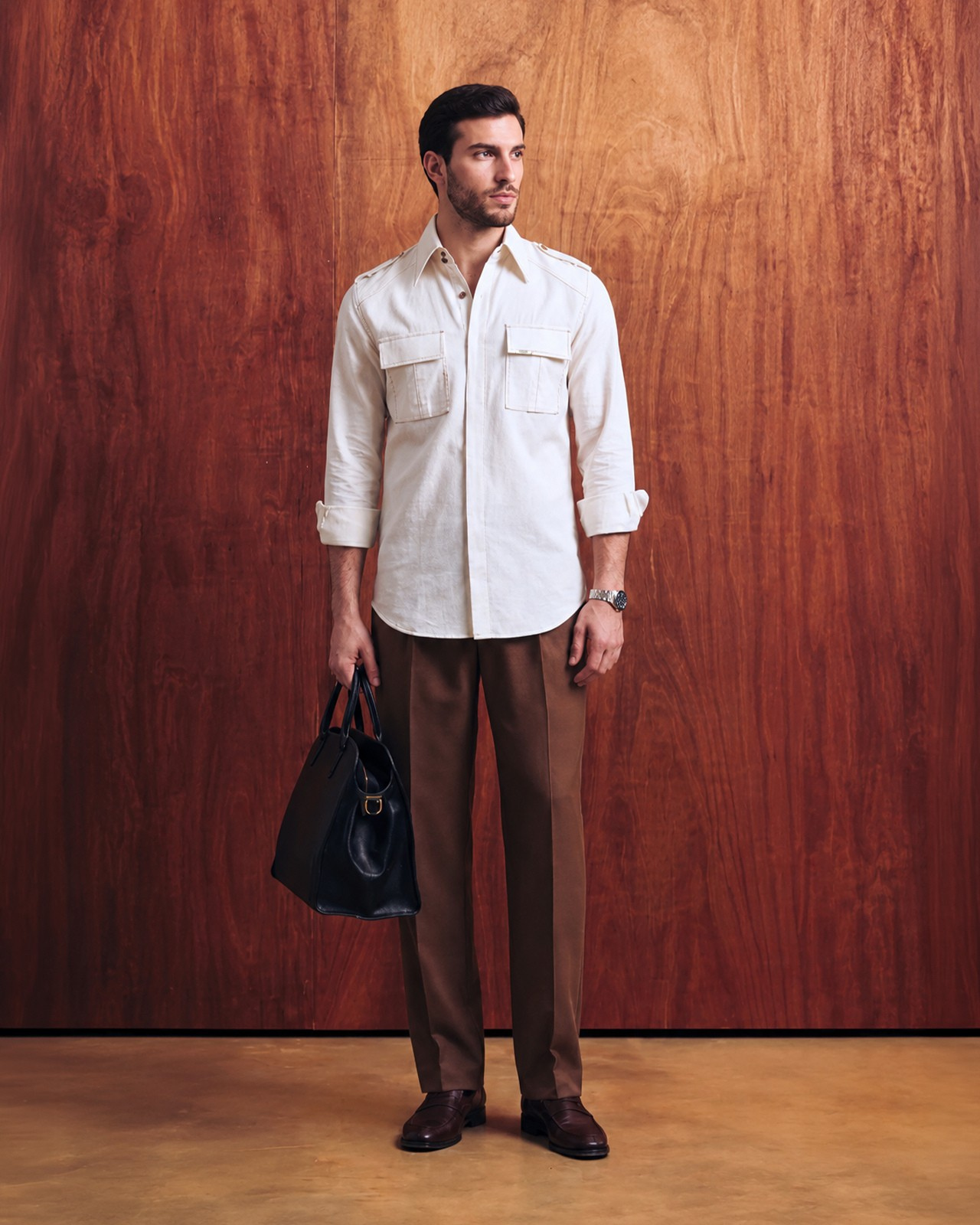 60’s White Textured Topstitched Field Shirt