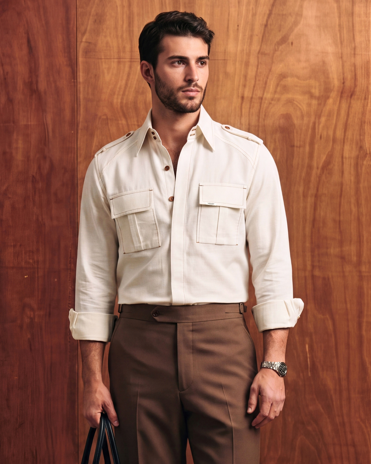 60’s White Textured Topstitched Field Shirt