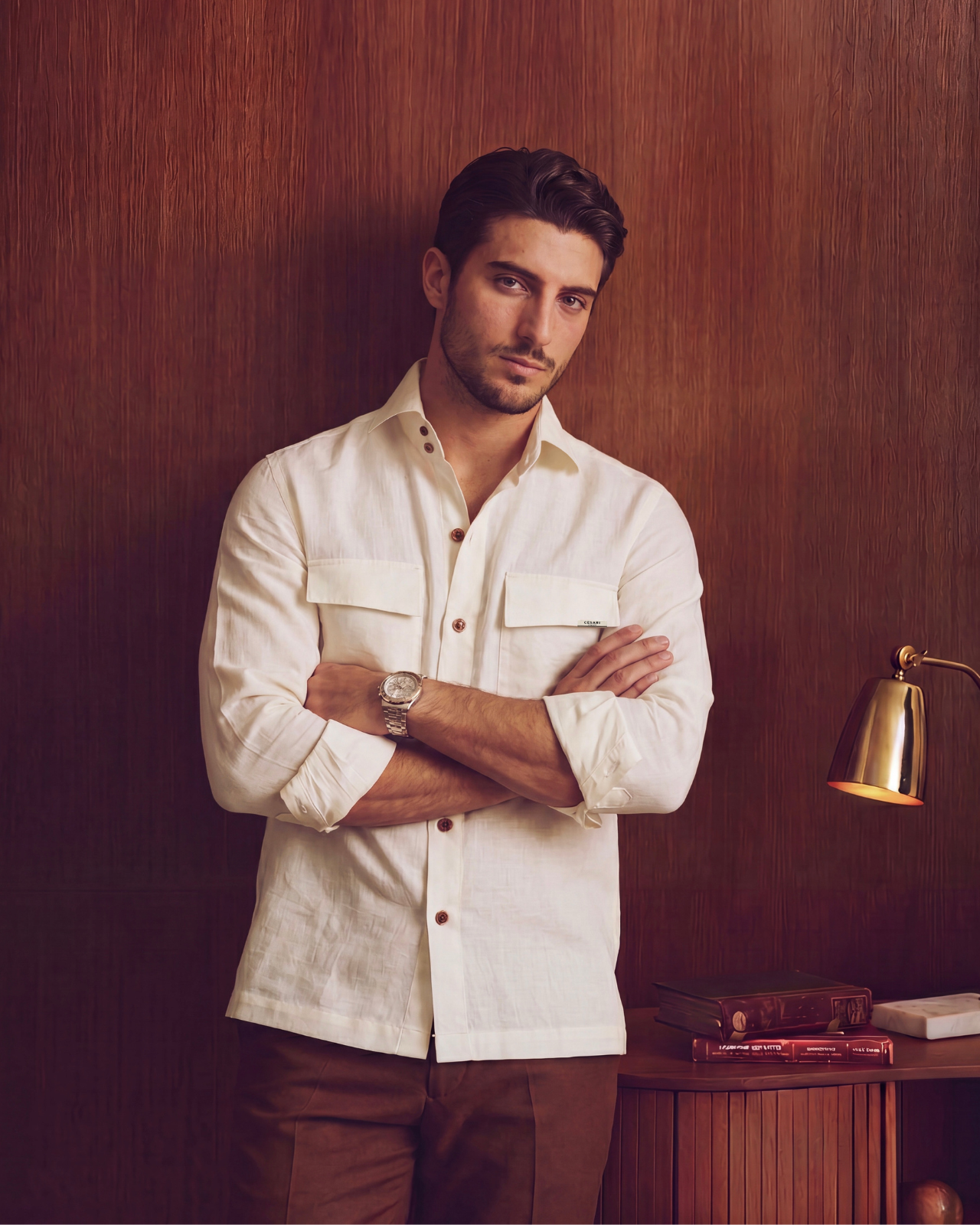 Off White Linen 2-Buttons Cut-away Collar Shirt