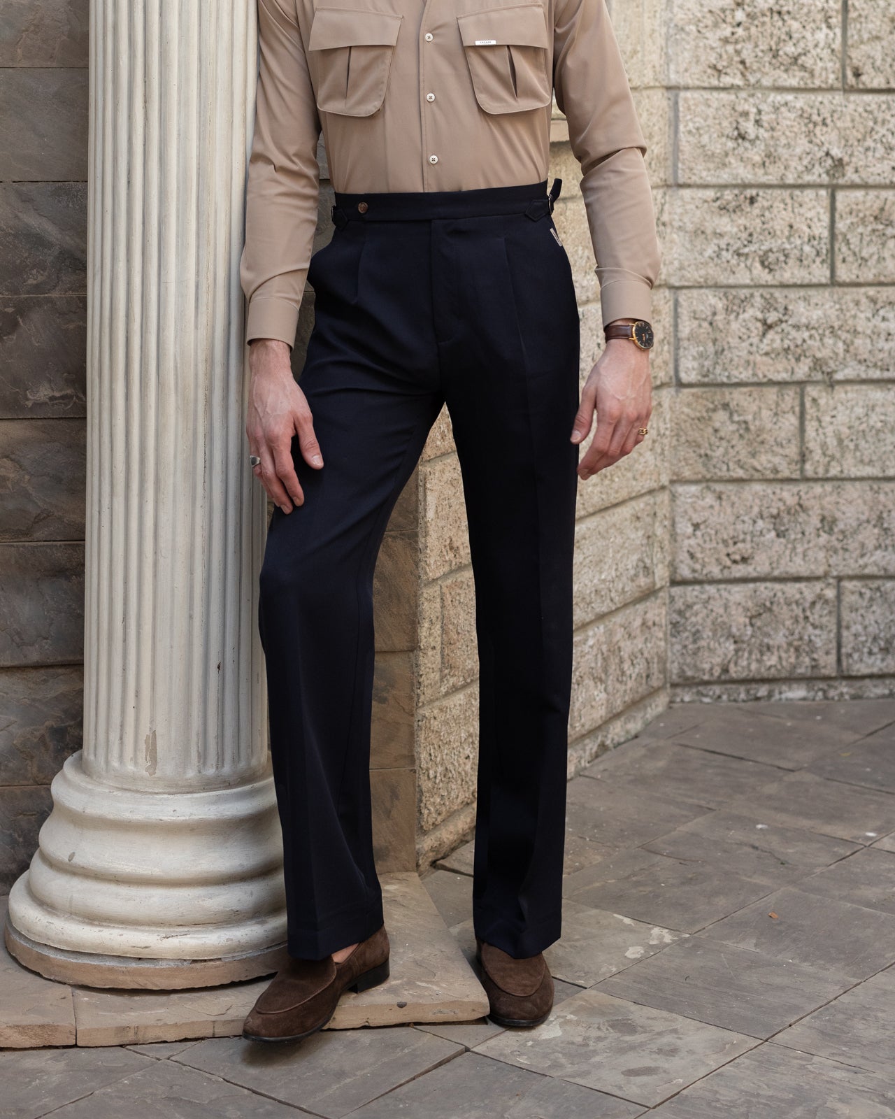 Eclipse Navy Tailored Wide Single Pleated Trousers