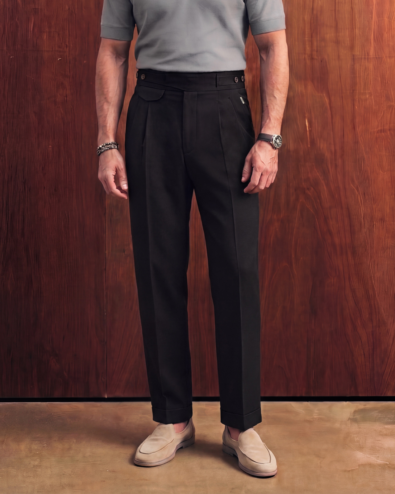 Black Seville Double Pleated Gurkha Trousers (Fit 201 : Tailored Straight - High Rise)