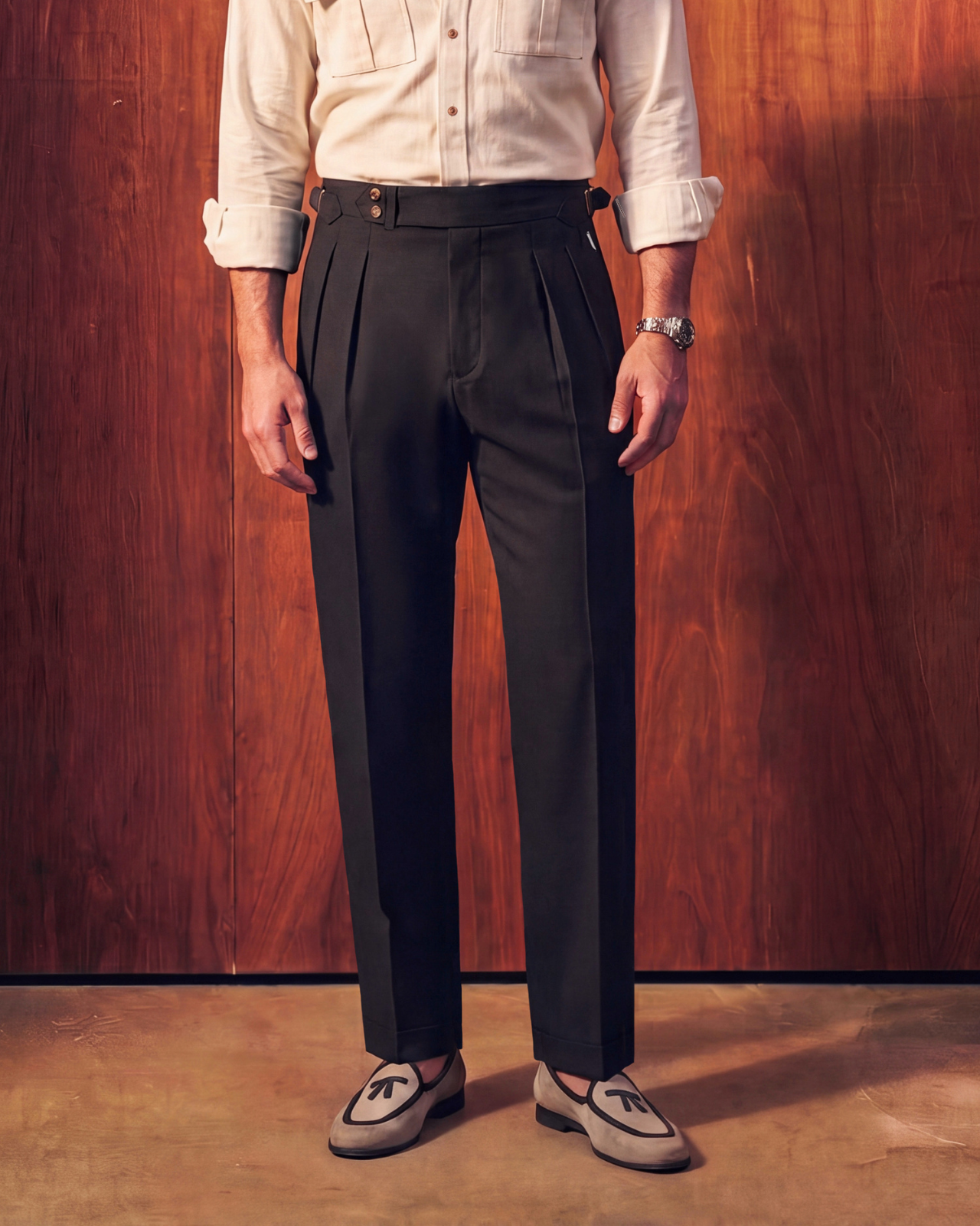 Carbon Black Double Pleated Gurkha Trousers (Fit 201 : Tailored Straight - High Rise)