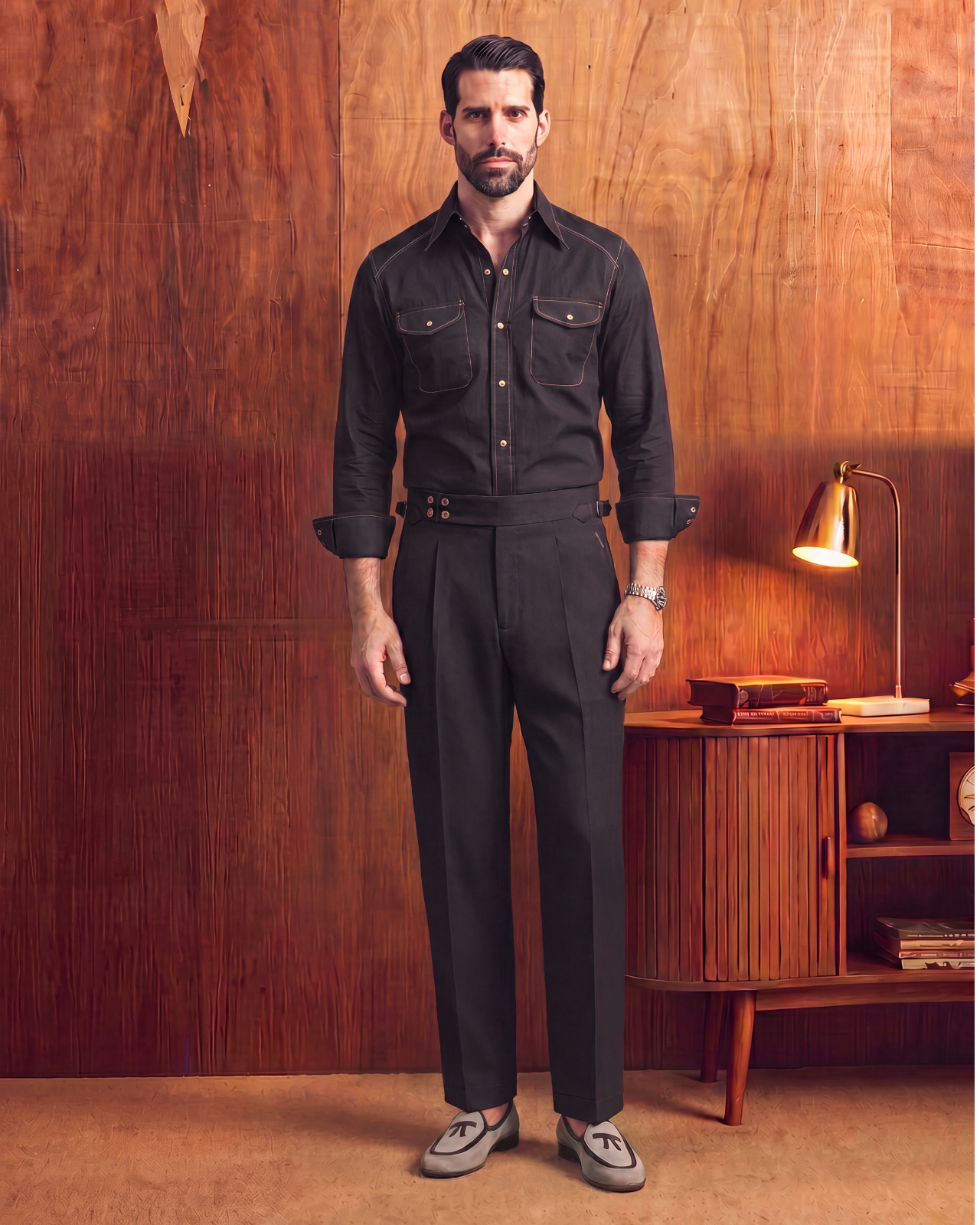 Black 4-Buttons Single Pleated Gurkha Trousers (Fit 201 : Tailored Straight - Mid Rise)