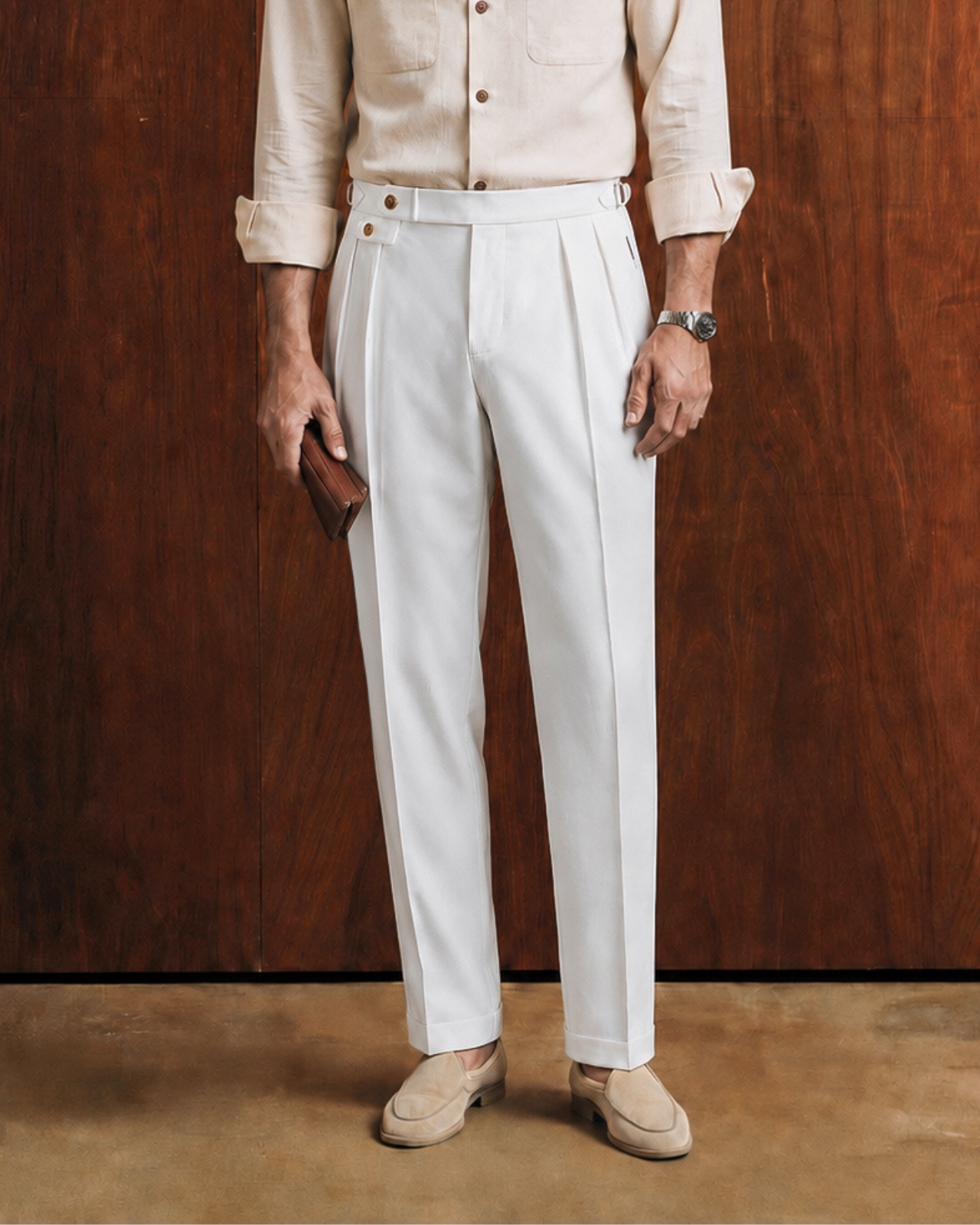 Sartorial White Double Pleated Italian Trousers (Fit 101 : Tapered Leg - Mid Rise)