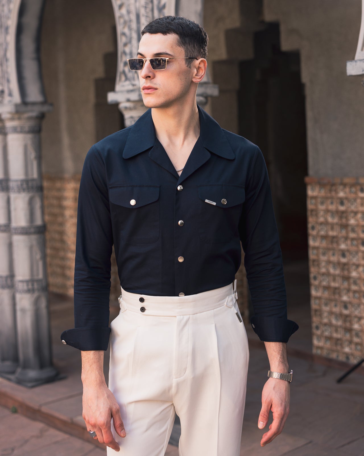 50's Wide Cuban Collar Navy Blue Shirt