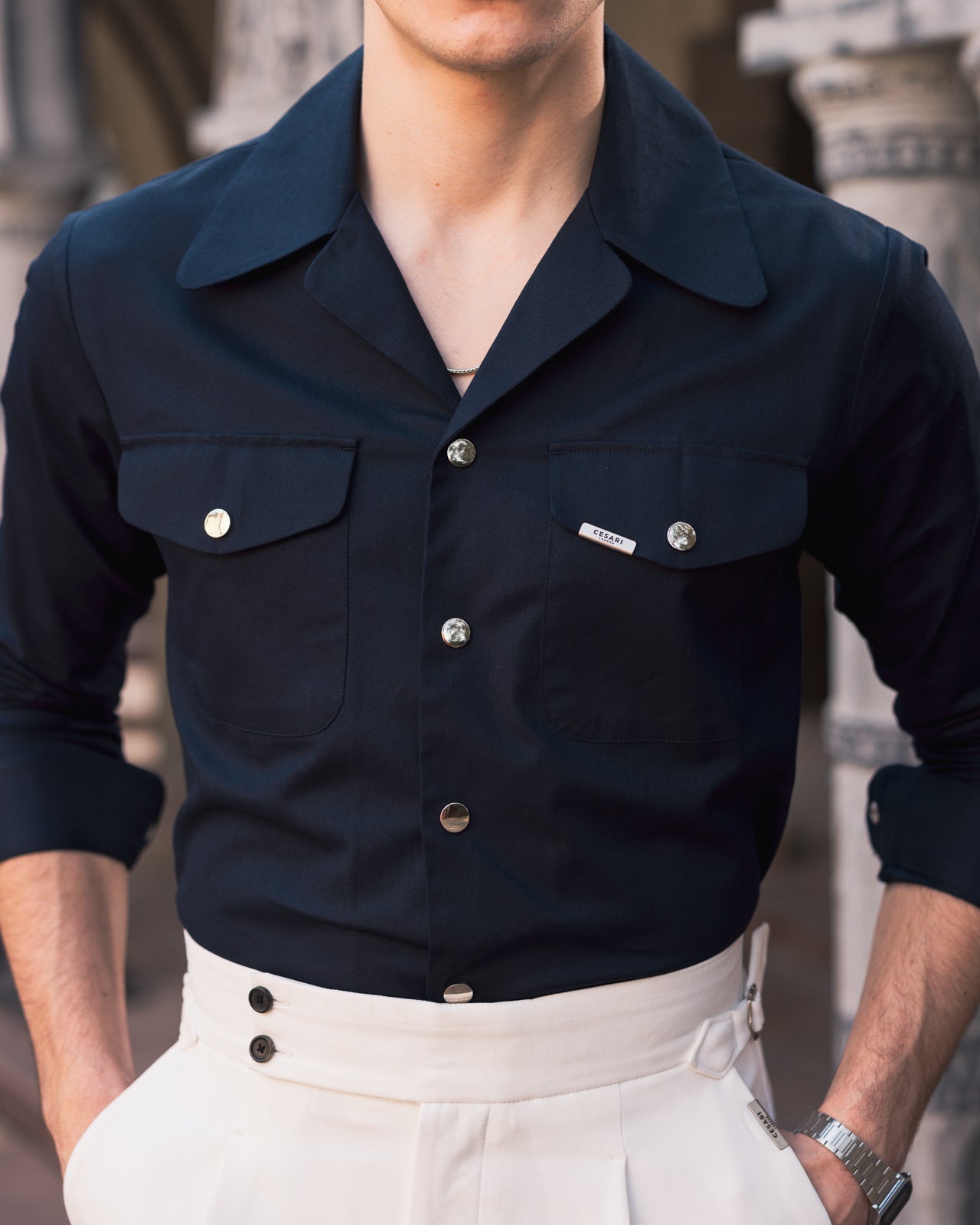 50's Wide Cuban Collar Navy Blue Shirt