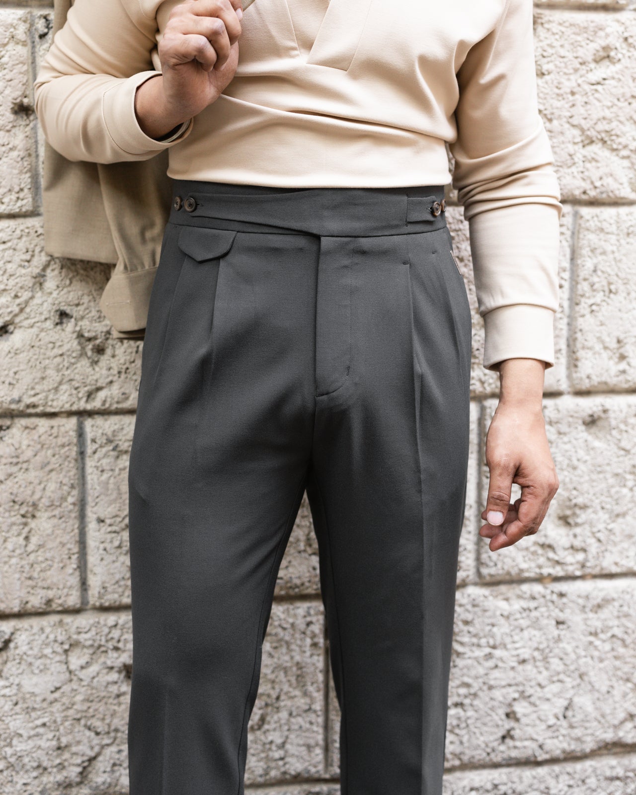 Charcoal Seville Double Pleated Gurkha Trousers (Fit 201 : Tailored Straight - High Rise)