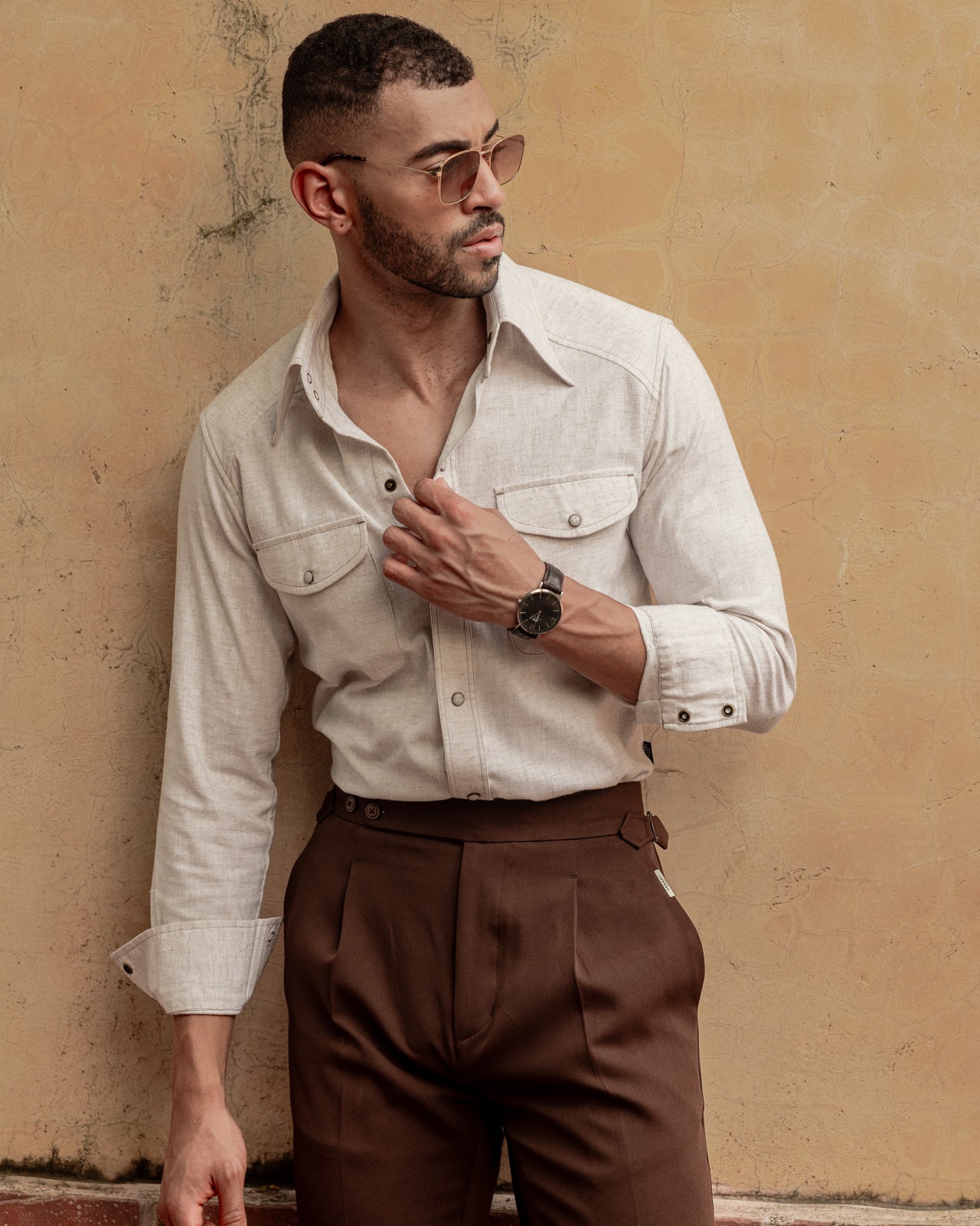 70's Long Collar Vintage Cream Textured Shirt