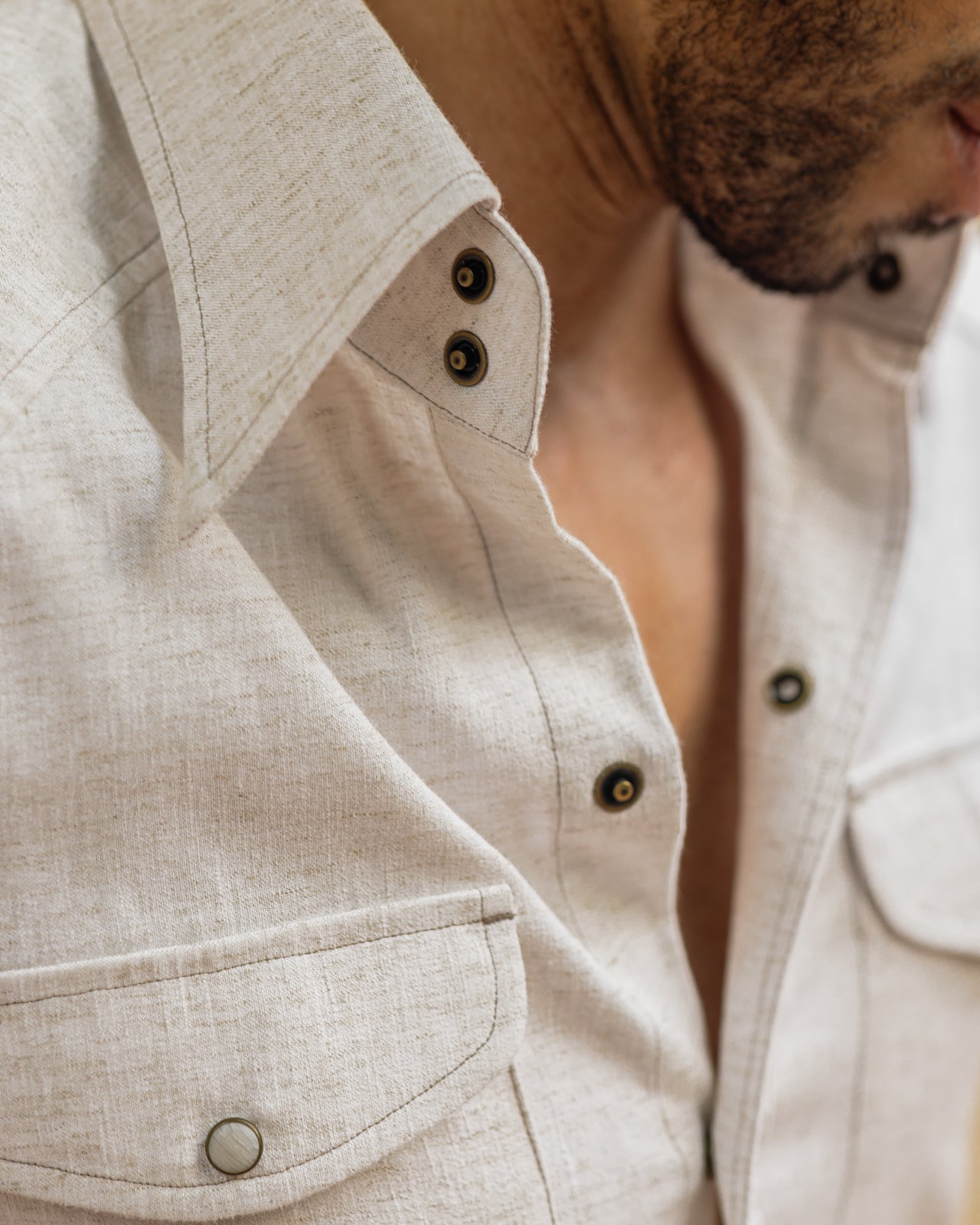 70's Long Collar Vintage Cream Textured Shirt