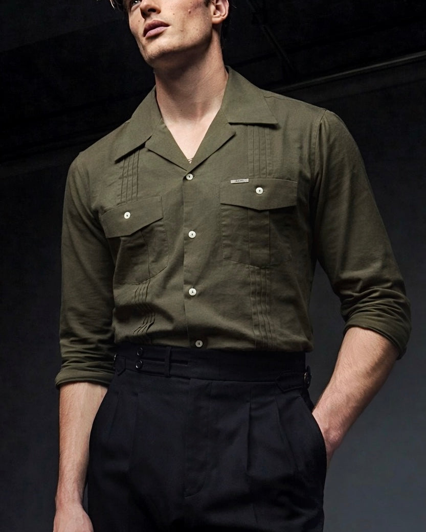 Olive Slate Linen Pleated Cuban Shirt
