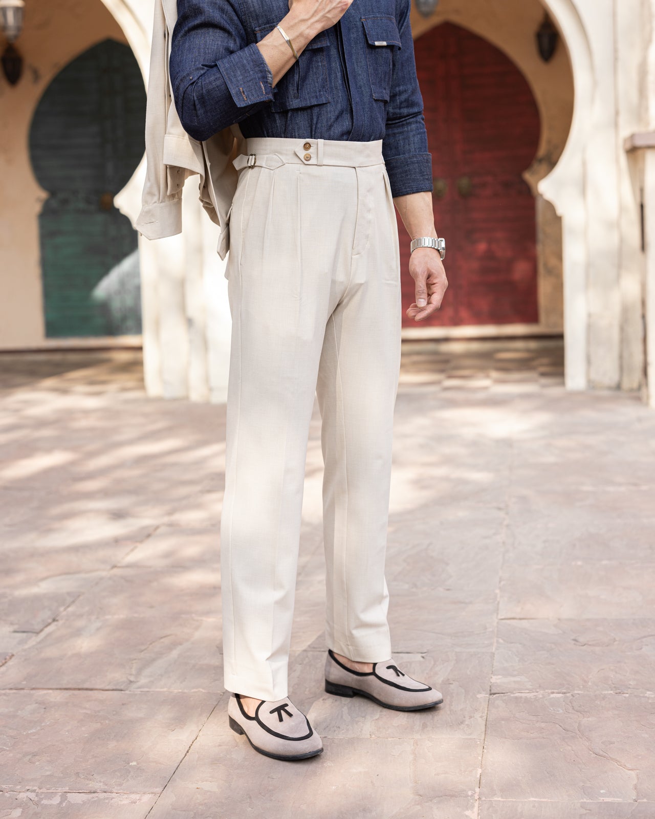 Beige Double Pleated Gurkha Trousers