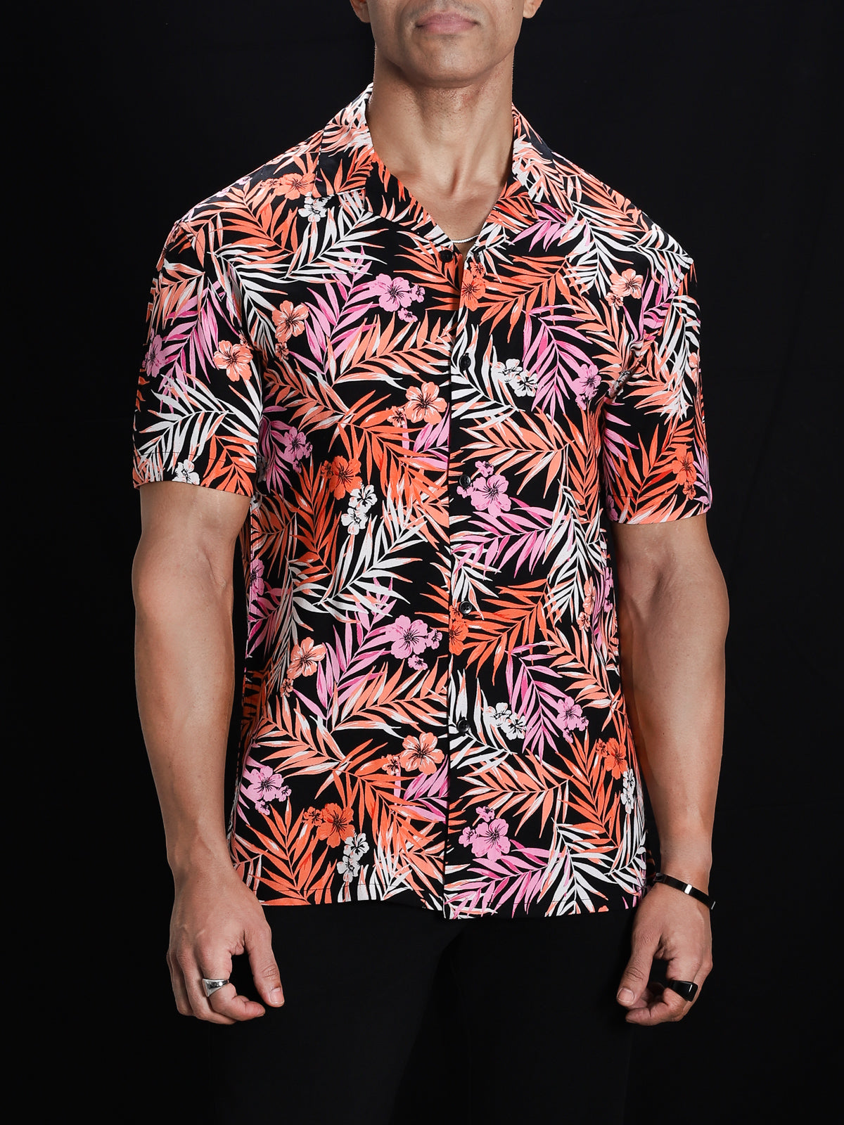 Black Orange Leaf Print Resort Shirt