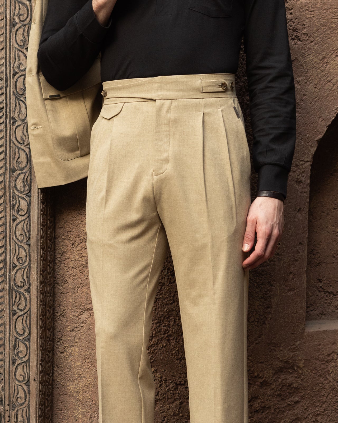 Camel Seville Double Pleated Gurkha Trousers (Fit 201 : Tailored Straight - High Rise)