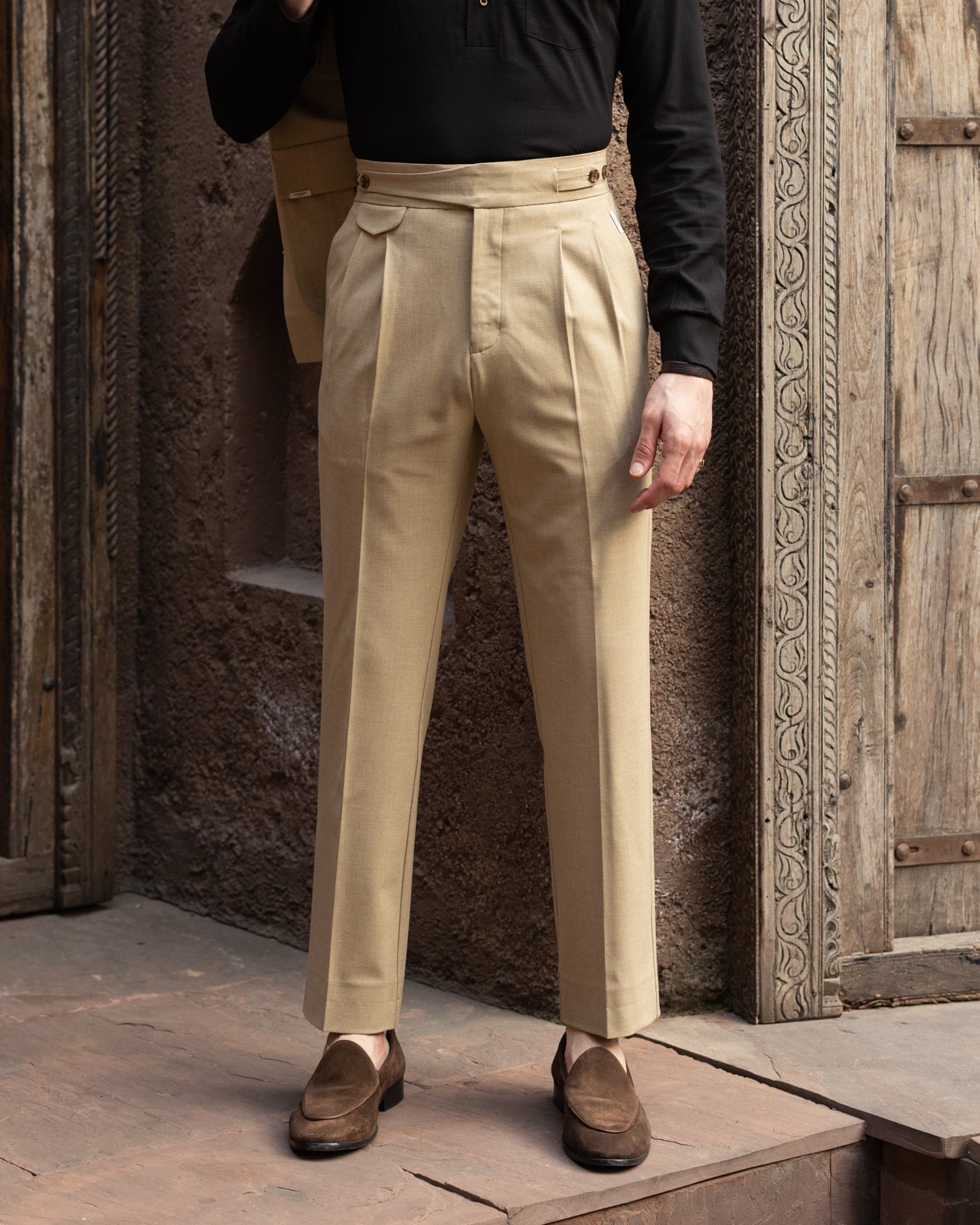 Camel Seville Double Pleated Gurkha Trousers (Fit 201 : Tailored Straight - High Rise)