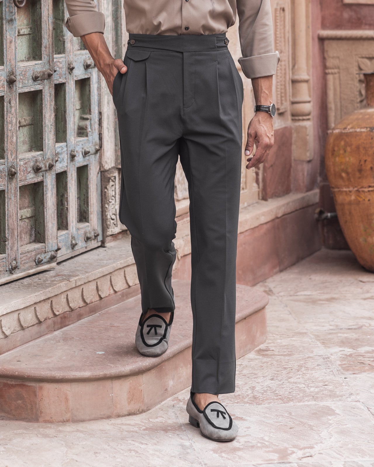 Charcoal Seville Double Pleated Gurkha Trousers (Fit 201 : Tailored Straight - High Rise)
