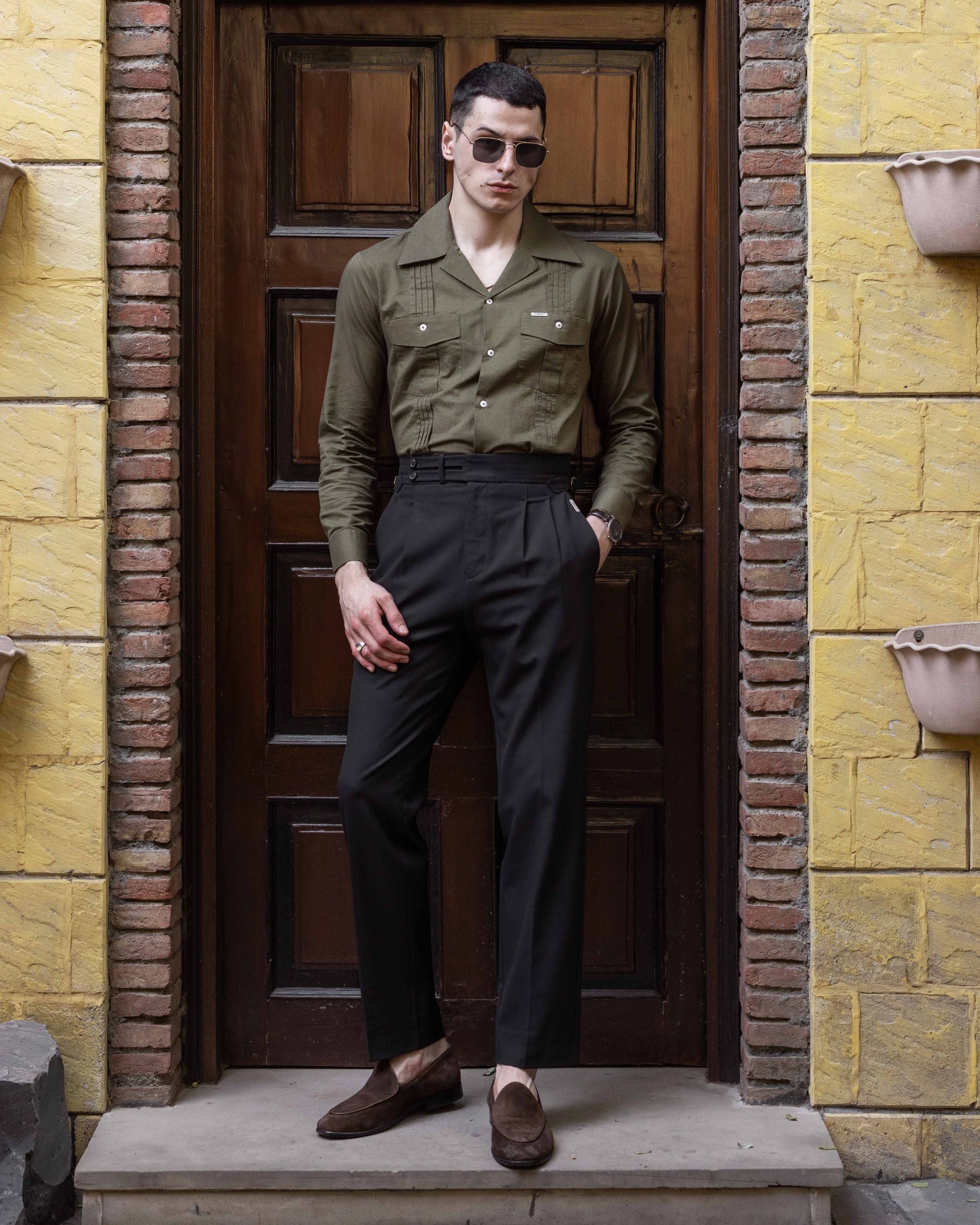 Olive Slate Linen Pleated Cuban Shirt