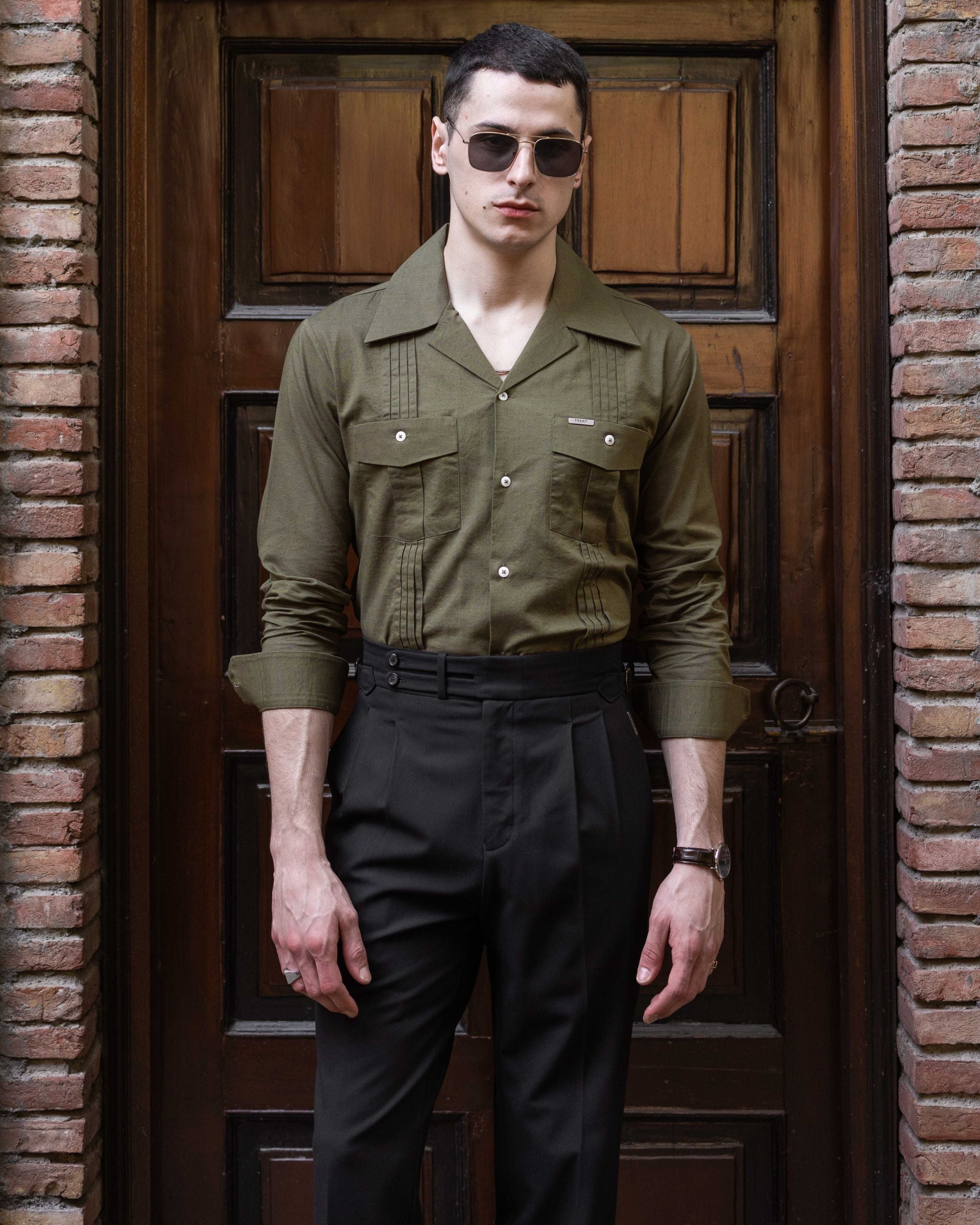 Olive Slate Linen Pleated Cuban Shirt