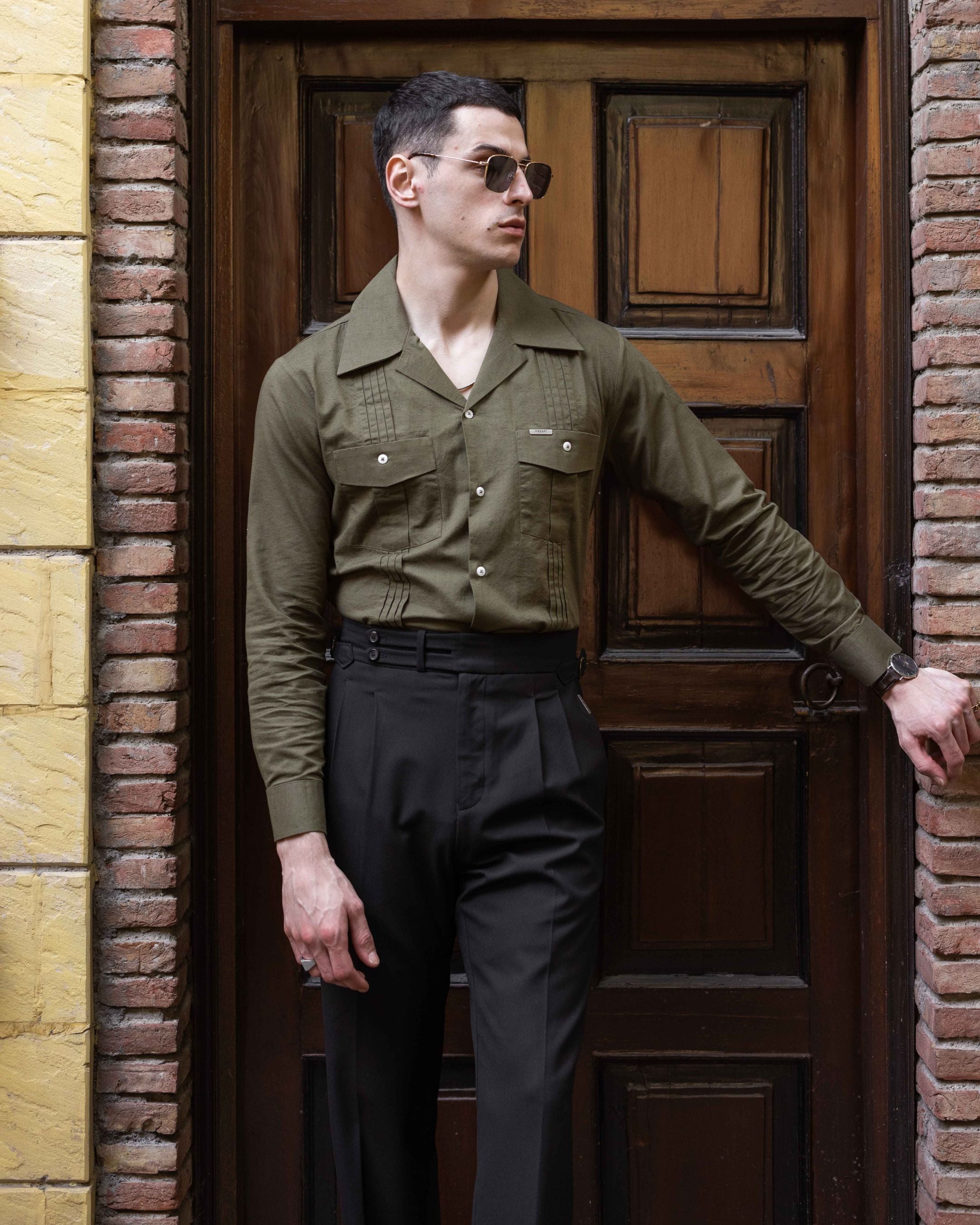 Olive Slate Linen Pleated Cuban Shirt