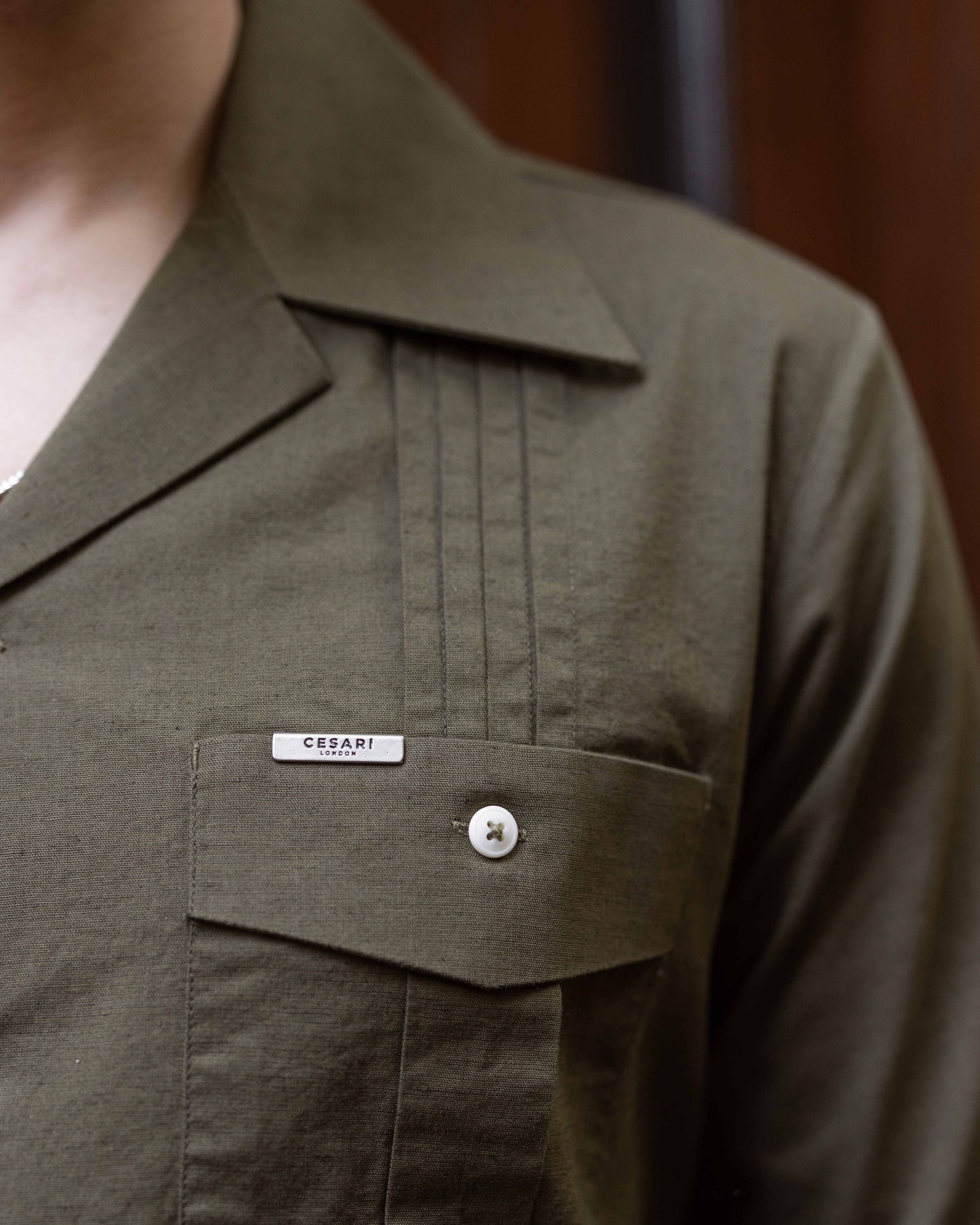 Olive Slate Linen Pleated Cuban Shirt