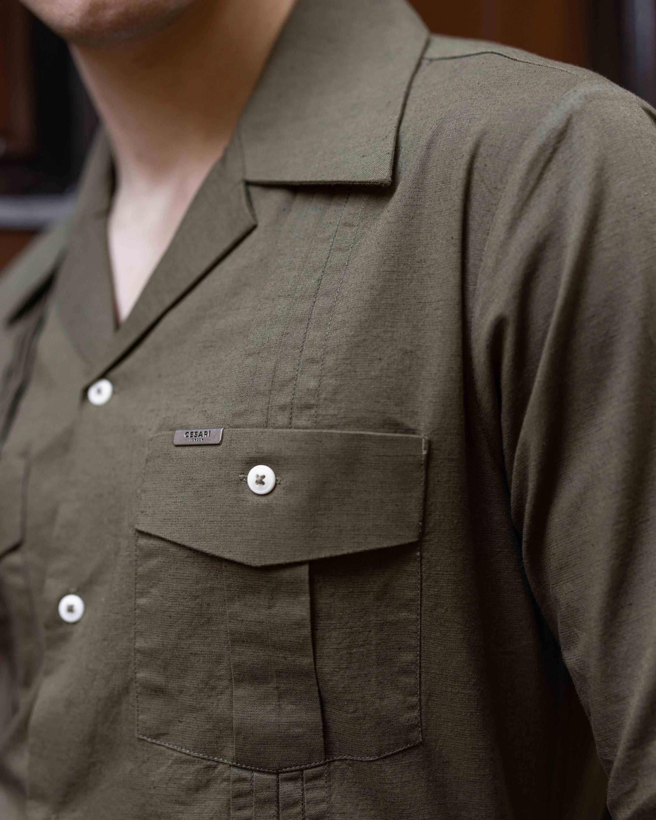 Olive Slate Linen Pleated Cuban Shirt