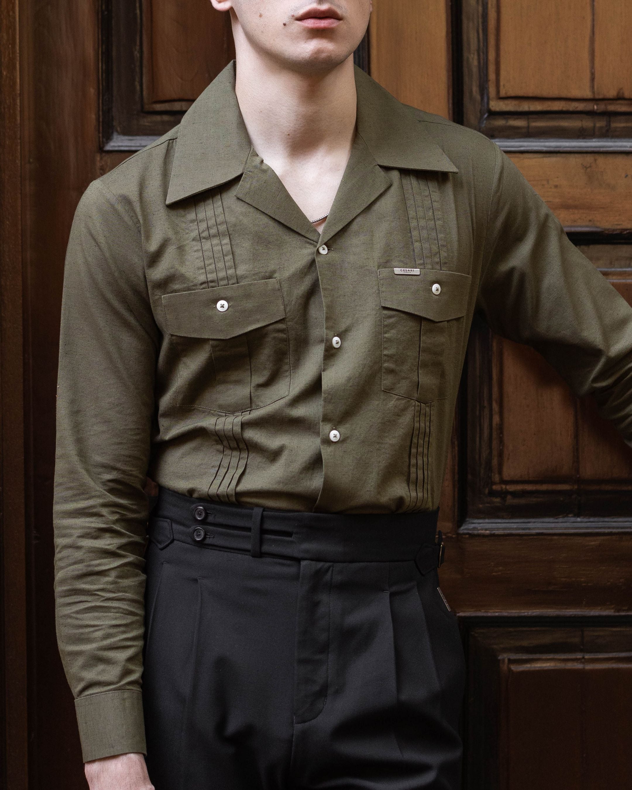Olive Slate Linen Pleated Cuban Shirt