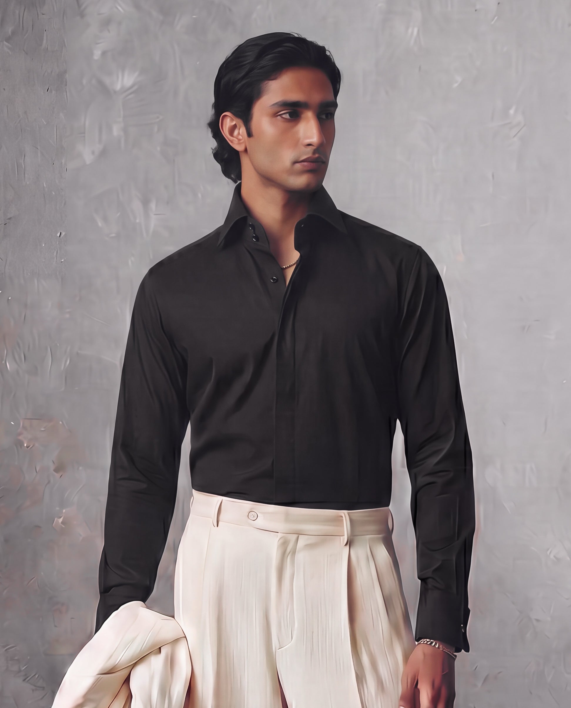 Black High Stand 2-Buttons Cut-away Collar shirt
