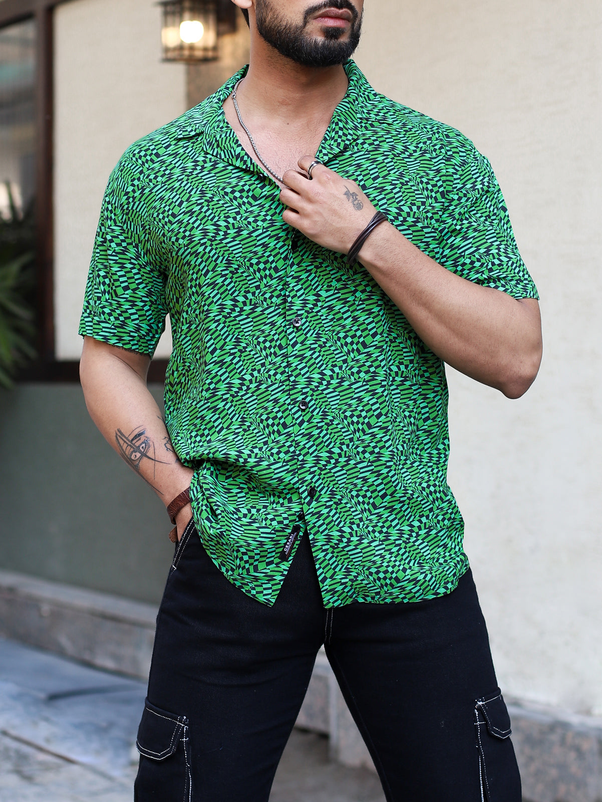 Green Distorted Checks Cuban Shirt