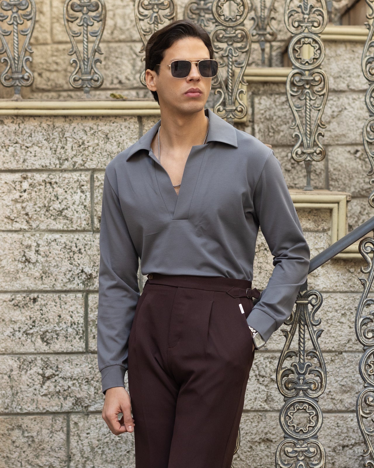 Stone Grey Seamless Placket Polo (Half/Full Sleeves)