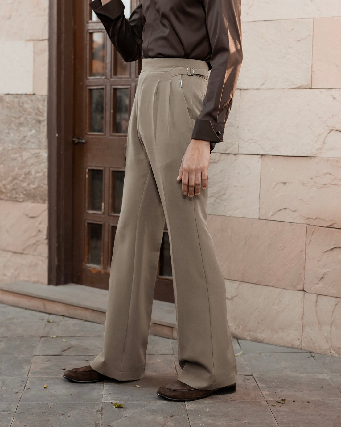 Taupe Grey Flared Cut Double Pleated Trousers (Fit 401 : Flared Cut - High Rise)